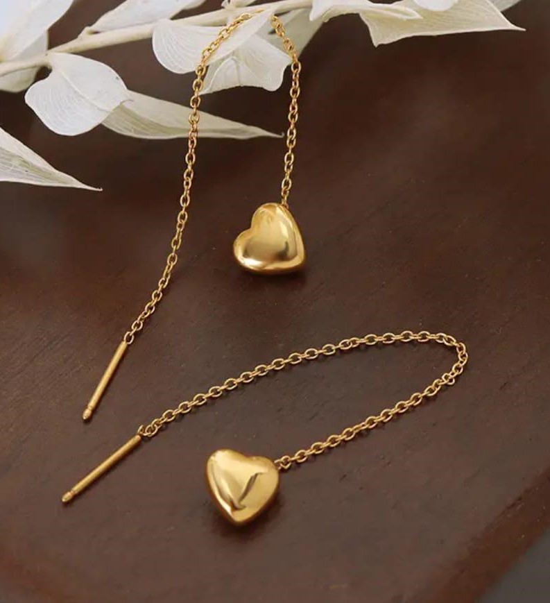 Golden Heart Threader Chain Earrings