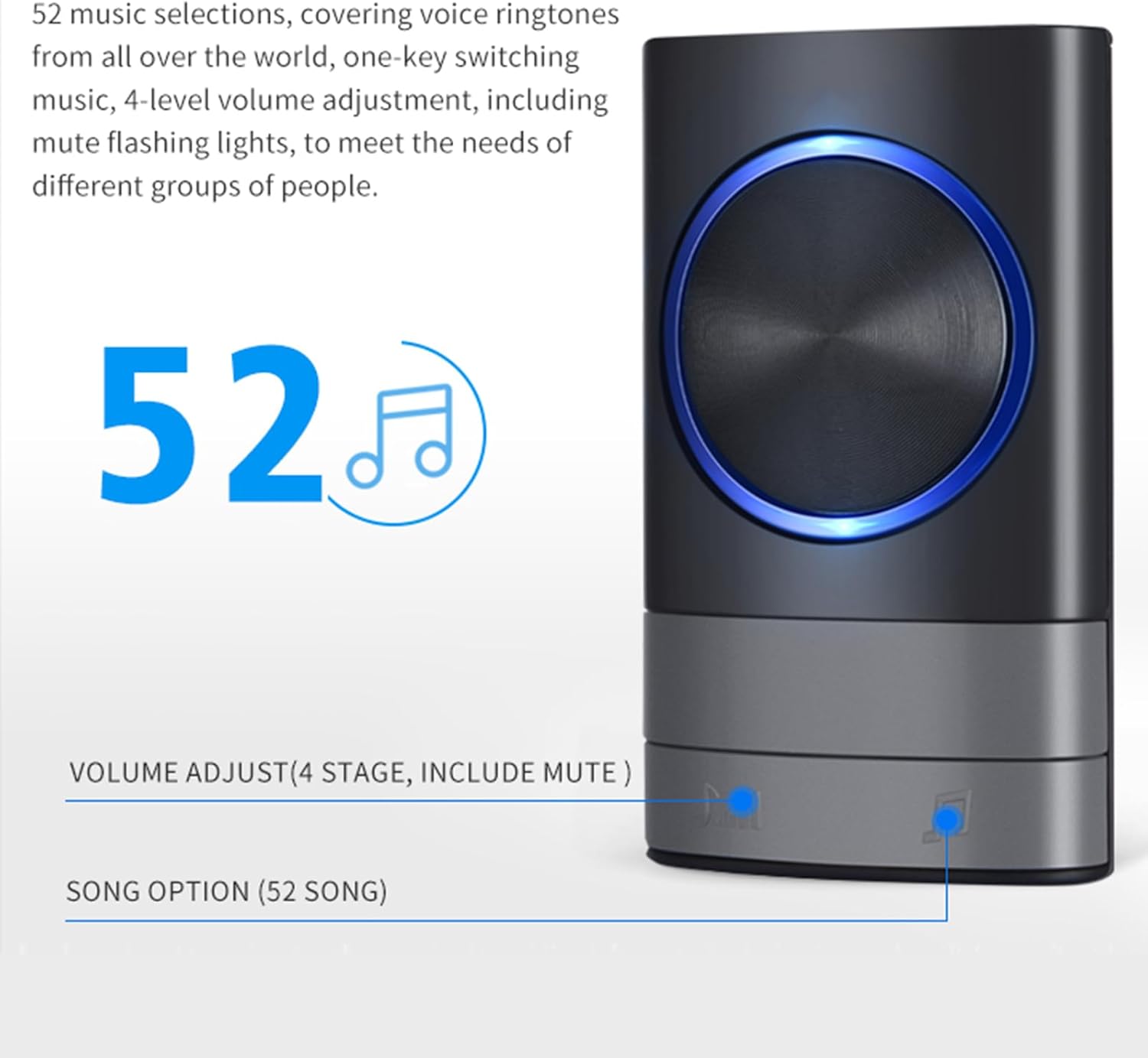 KEWUZY Funktürklingel,Wasserdicht Staub Aussen Klingel Haustür mit 52 Klingeltönen 4 Lautstärken Blinkende LED,Türklingel Set Drahtlose Reichweite 400m (Schwarz)