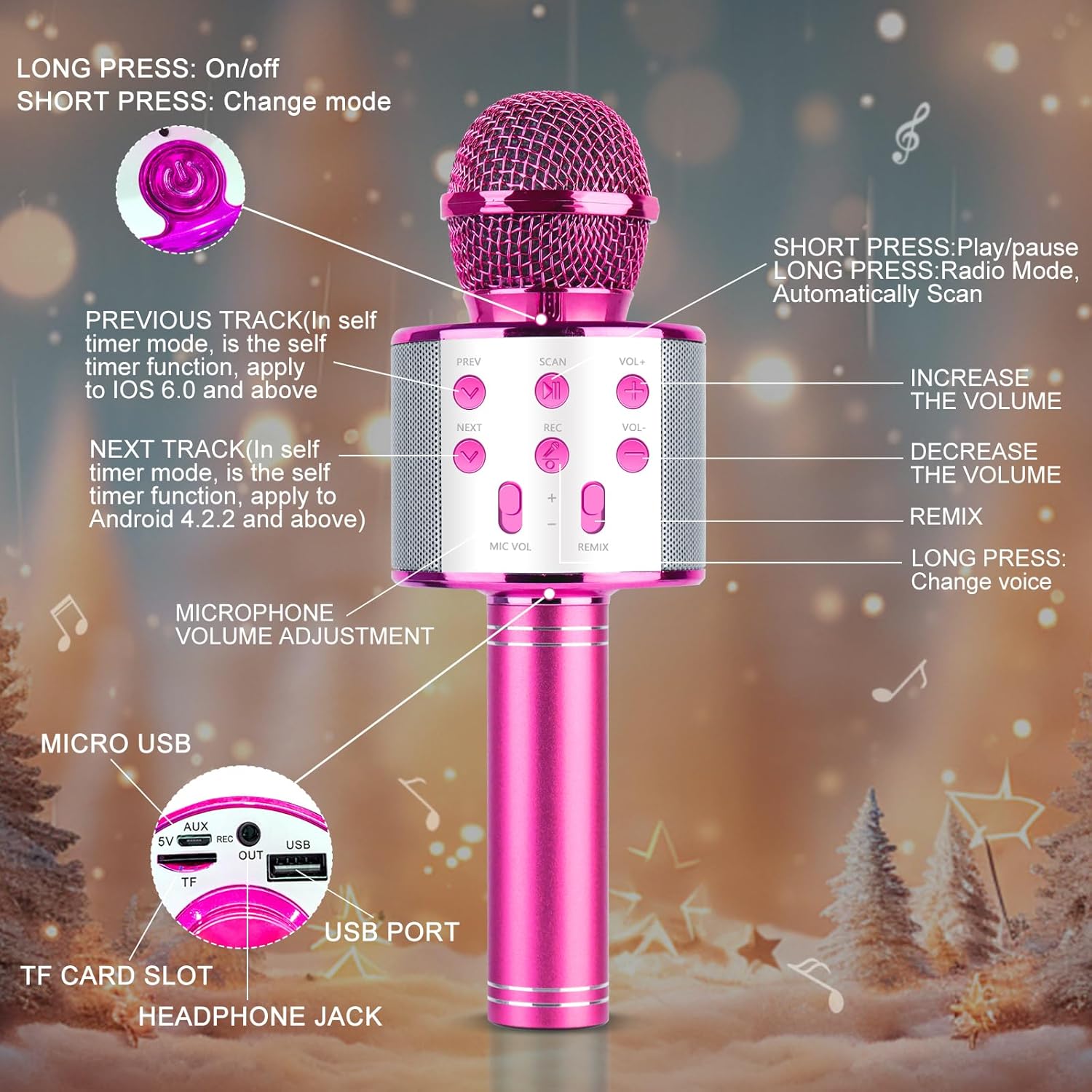 KEWUZY Drahtloses Bluetooth Mikrofon Karaoke, Mikrofon Kinder, Spielzeug Kinder, 5 in 1 KTV Karaoke Maschine Ab 3 4 5 6 7 8 9 10 11 12 Kind Geburtstag Geschenke