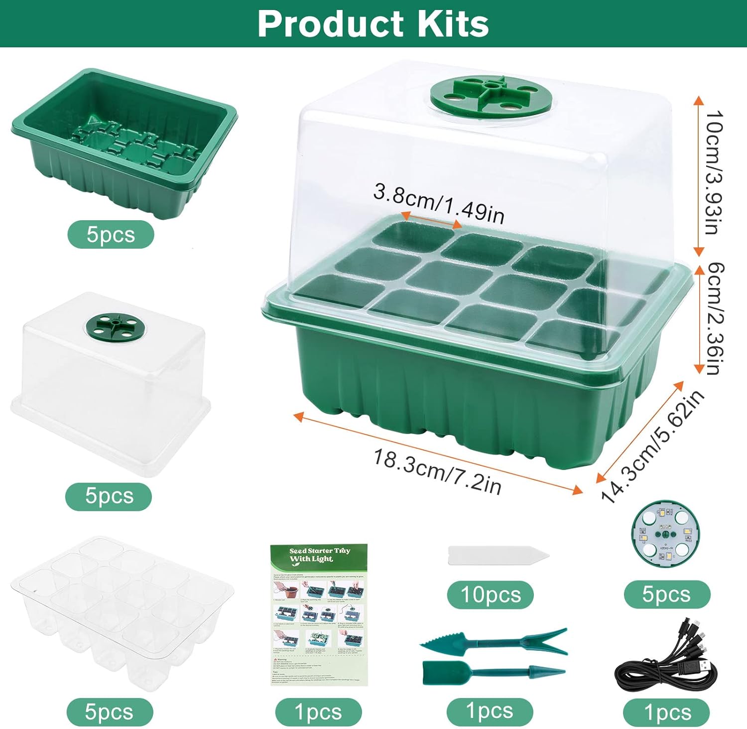 Mini Gewächshaus Anzucht, 5 Stück Zimmergewächshaus Anzuchtkasten mit Licht, Treibhaus Anzuchtschale mit Hoher Deckel, Setzling Starter Tabletts,Anzuchtset,10 Etiketten 2 Werkzeuge,für Sämling Pflanze