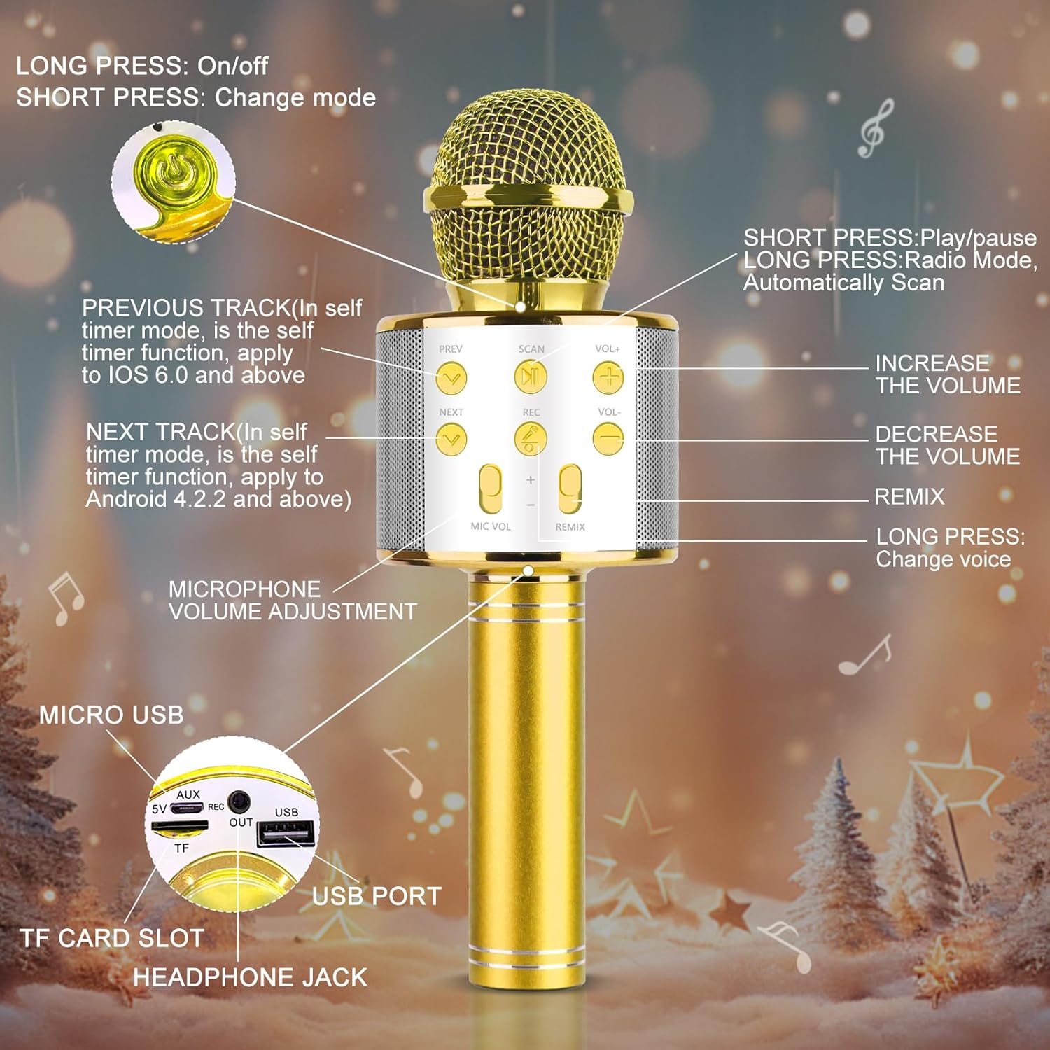 KEWUZY Drahtloses Bluetooth Mikrofon Karaoke, Mikrofon Kinder, Spielzeug Kinder, 5 in 1 KTV Karaoke Maschine Ab 3 4 5 6 7 8 9 10 11 12 Kind Geburtstag Geschenke