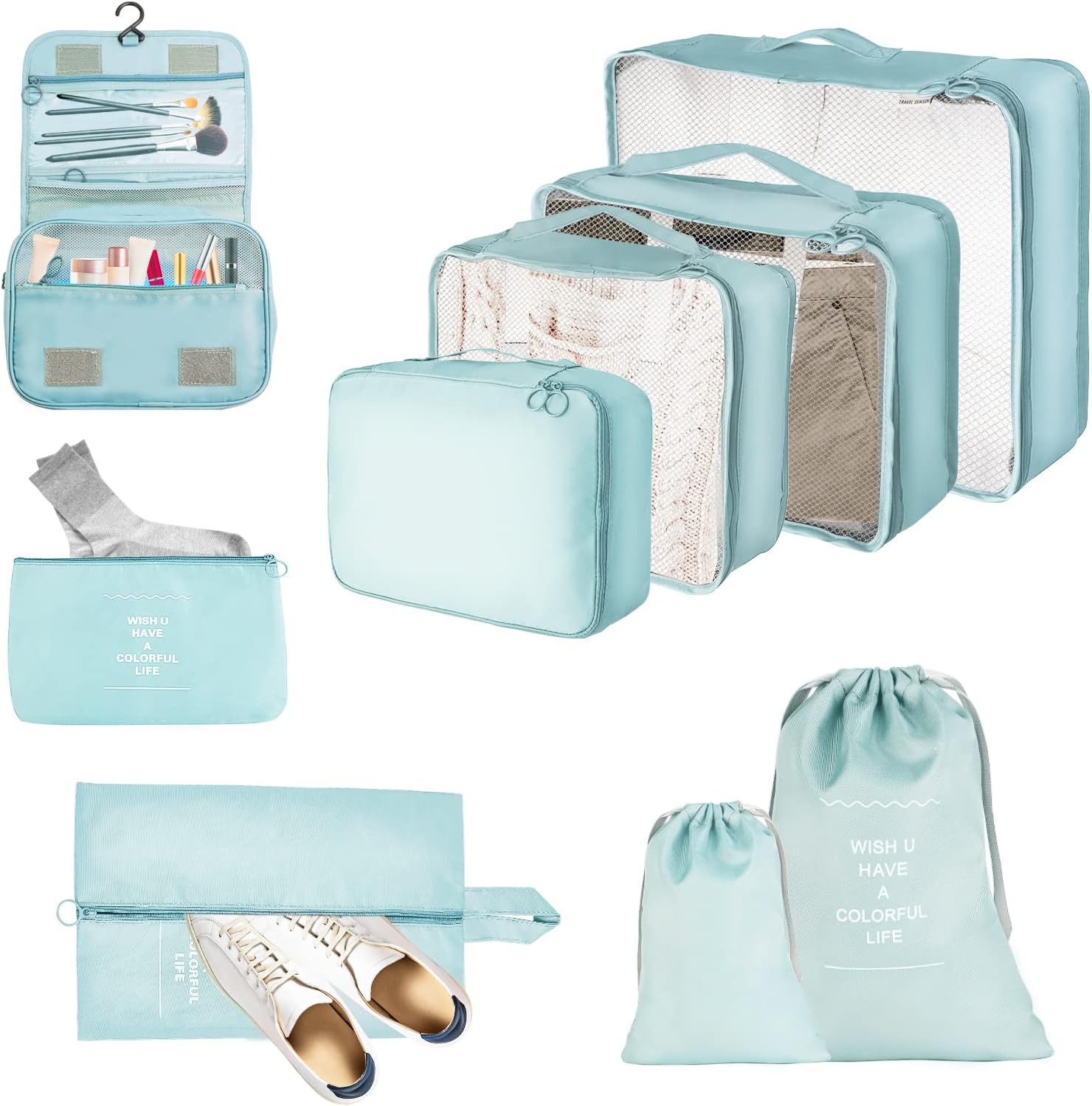 JOPHEK Reise Koffer Organizer Set 9-Teilige Packing Cubes, Multifunktionale Wasserdichte Packwürfel Kompression, Kofferorganizer, Kleidertaschen, Schuhbeutel, Kosmetiktasche für Reisen, Beige