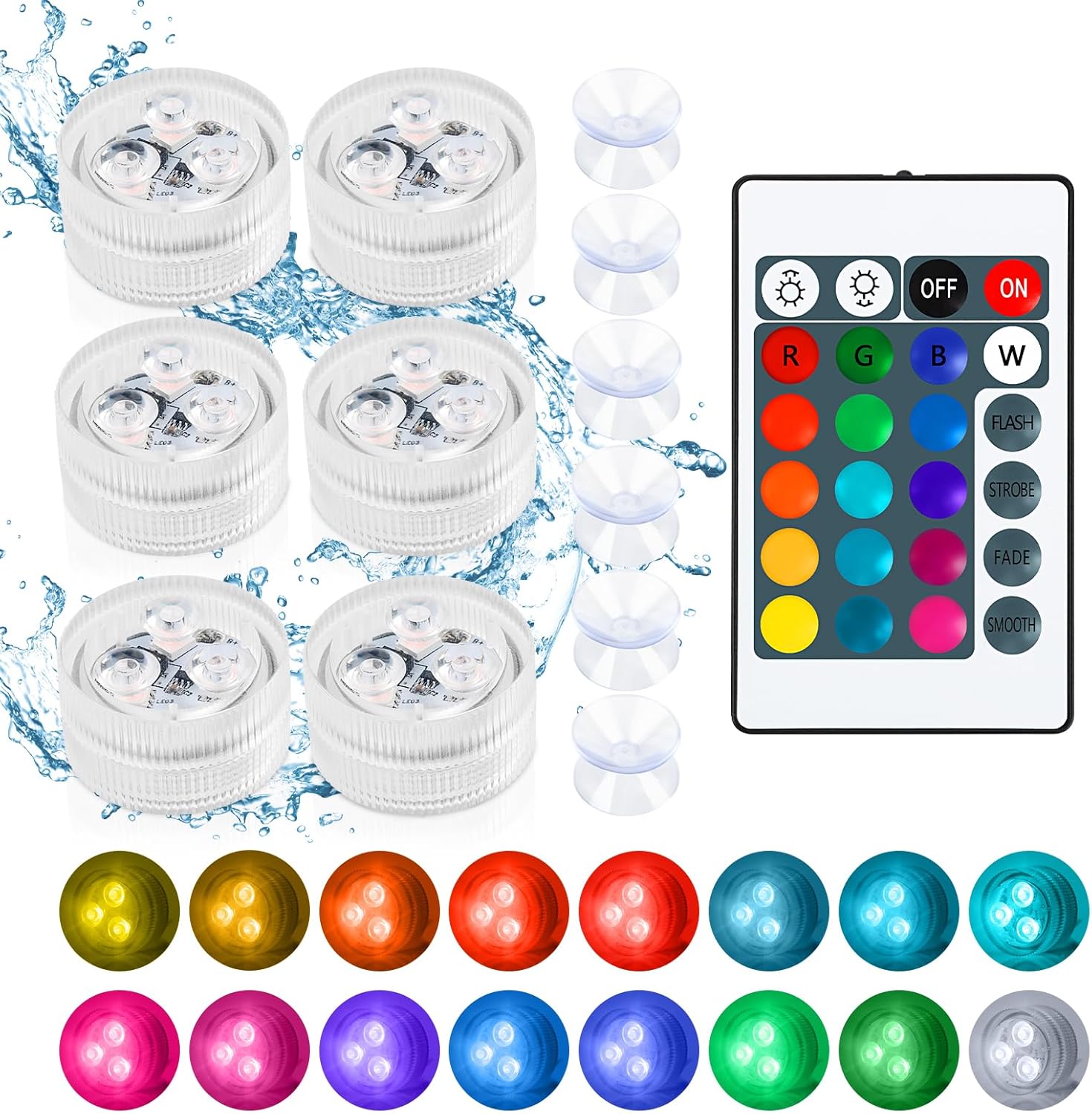 LED Teelichter 6 Stück Mit 4 Modi 16 RGB Farben - Wasserdichte Lichter Mit Fernbedienung und 6 Saugnäpfen, IP68 Unterwasser Kerzen für Aquarium, Pool, Teich, Garten, Party