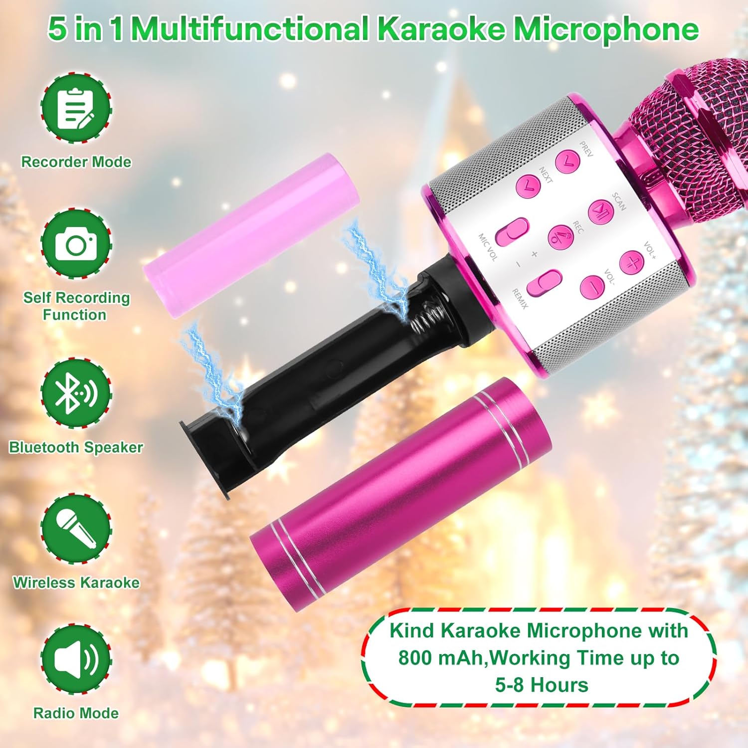 KEWUZY Drahtloses Bluetooth Mikrofon Karaoke, Mikrofon Kinder, Spielzeug Kinder, 5 in 1 KTV Karaoke Maschine Ab 3 4 5 6 7 8 9 10 11 12 Kind Geburtstag Geschenke