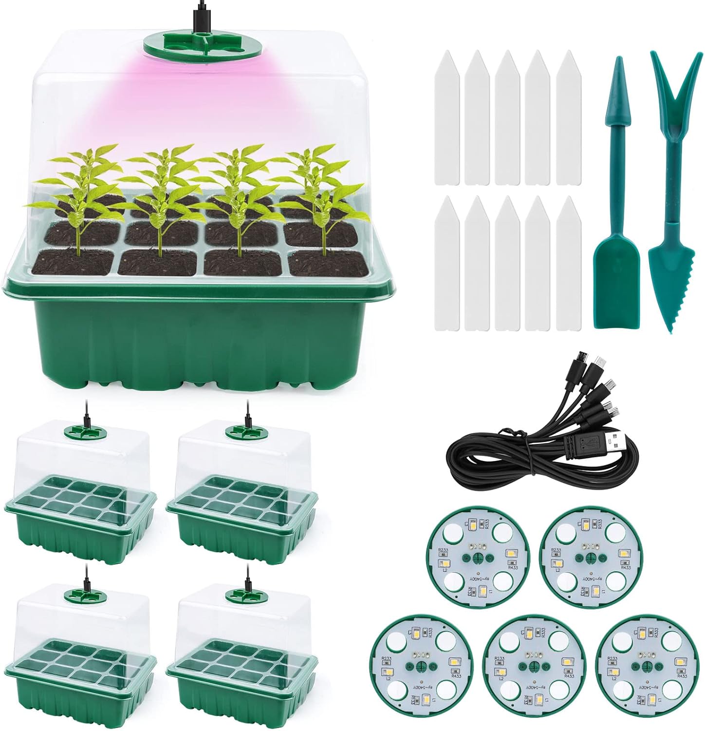 Mini Gewächshaus Anzucht, 5 Stück Zimmergewächshaus Anzuchtkasten mit Licht, Treibhaus Anzuchtschale mit Hoher Deckel, Setzling Starter Tabletts,Anzuchtset,10 Etiketten 2 Werkzeuge,für Sämling Pflanze