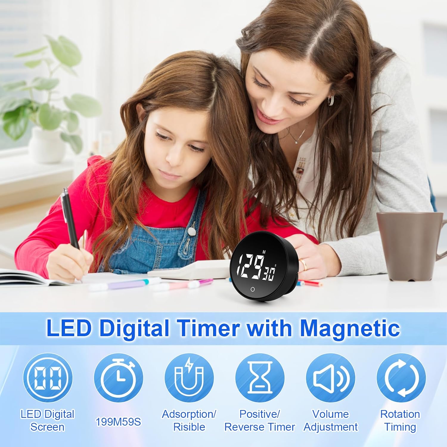 KEWUZY Digitaler Küchentimer, Magnetischer Eieruhr Timer, 199-Minuten Countdown Timer mit 3 Lautstärkestufen, Kurzzeitwecker, Große LED Bildschirm, für Heim Fitness Klassenzimmer