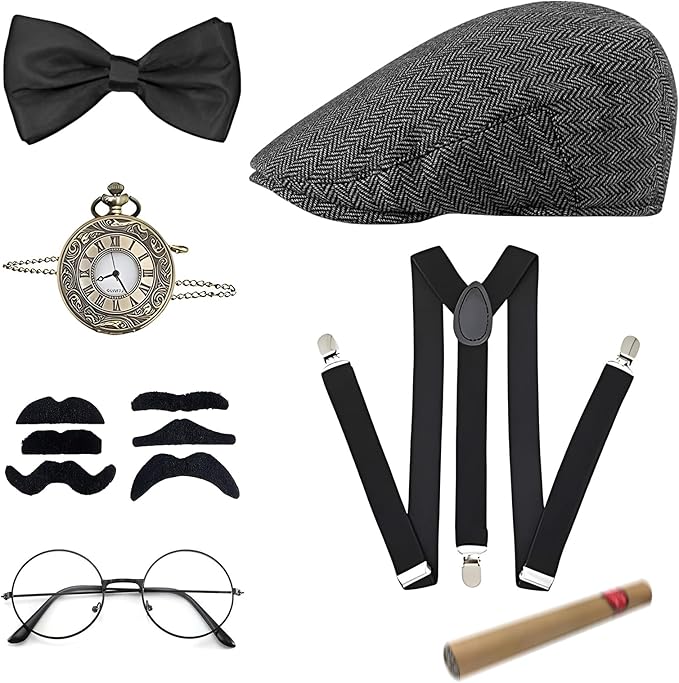 20er Jahre Kostüm Herren Accessoires, Mafia Peaky Blinders Set Mit Gangster Panamahut, Taschenuhr, Hosenträger, Fliege, Bärte, Brille - Für Karneval, Fasching, Halloween