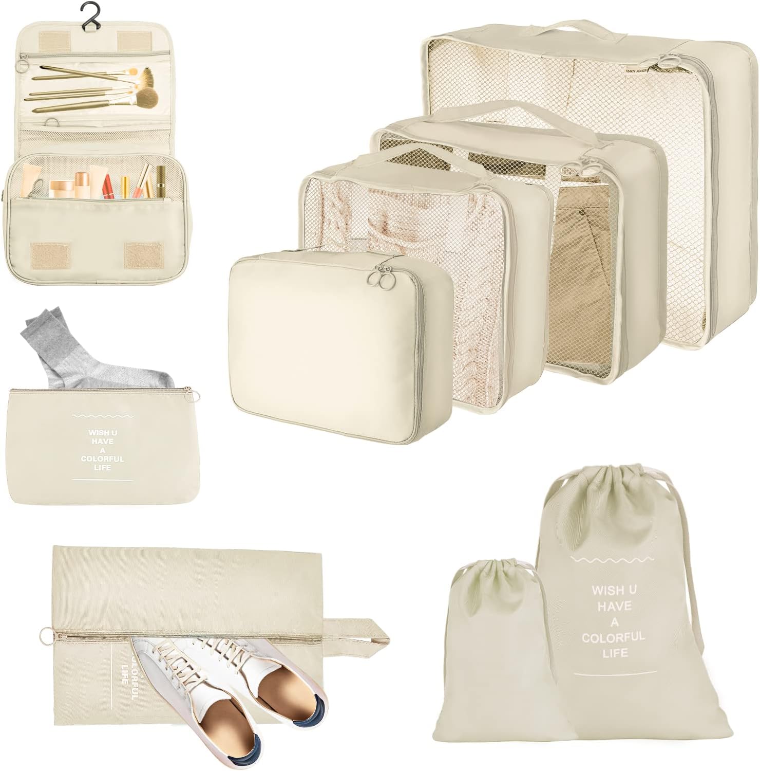 JOPHEK Reise Koffer Organizer Set 9-Teilige Packing Cubes, Multifunktionale Wasserdichte Packwürfel Kompression, Kofferorganizer, Kleidertaschen, Schuhbeutel, Kosmetiktasche für Reisen, Beige