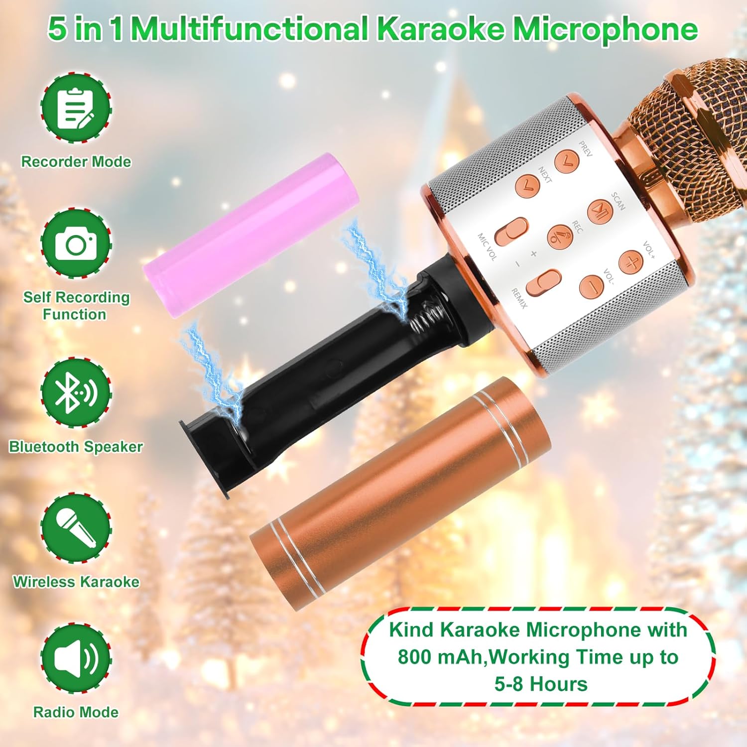 KEWUZY Drahtloses Bluetooth Mikrofon Karaoke, Mikrofon Kinder, Spielzeug Kinder, 5 in 1 KTV Karaoke Maschine Ab 3 4 5 6 7 8 9 10 11 12 Kind Geburtstag Geschenke
