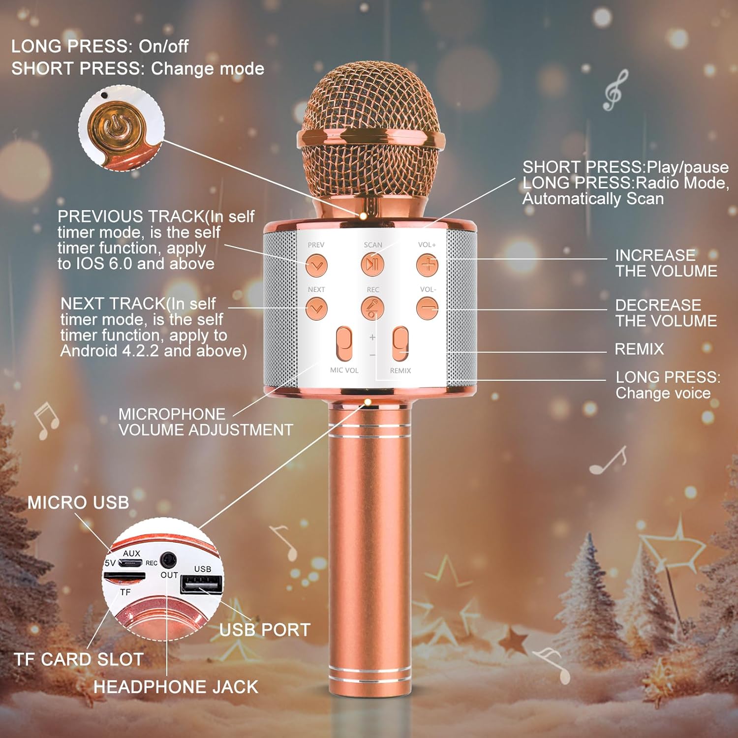 KEWUZY Drahtloses Bluetooth Mikrofon Karaoke, Mikrofon Kinder, Spielzeug Kinder, 5 in 1 KTV Karaoke Maschine Ab 3 4 5 6 7 8 9 10 11 12 Kind Geburtstag Geschenke