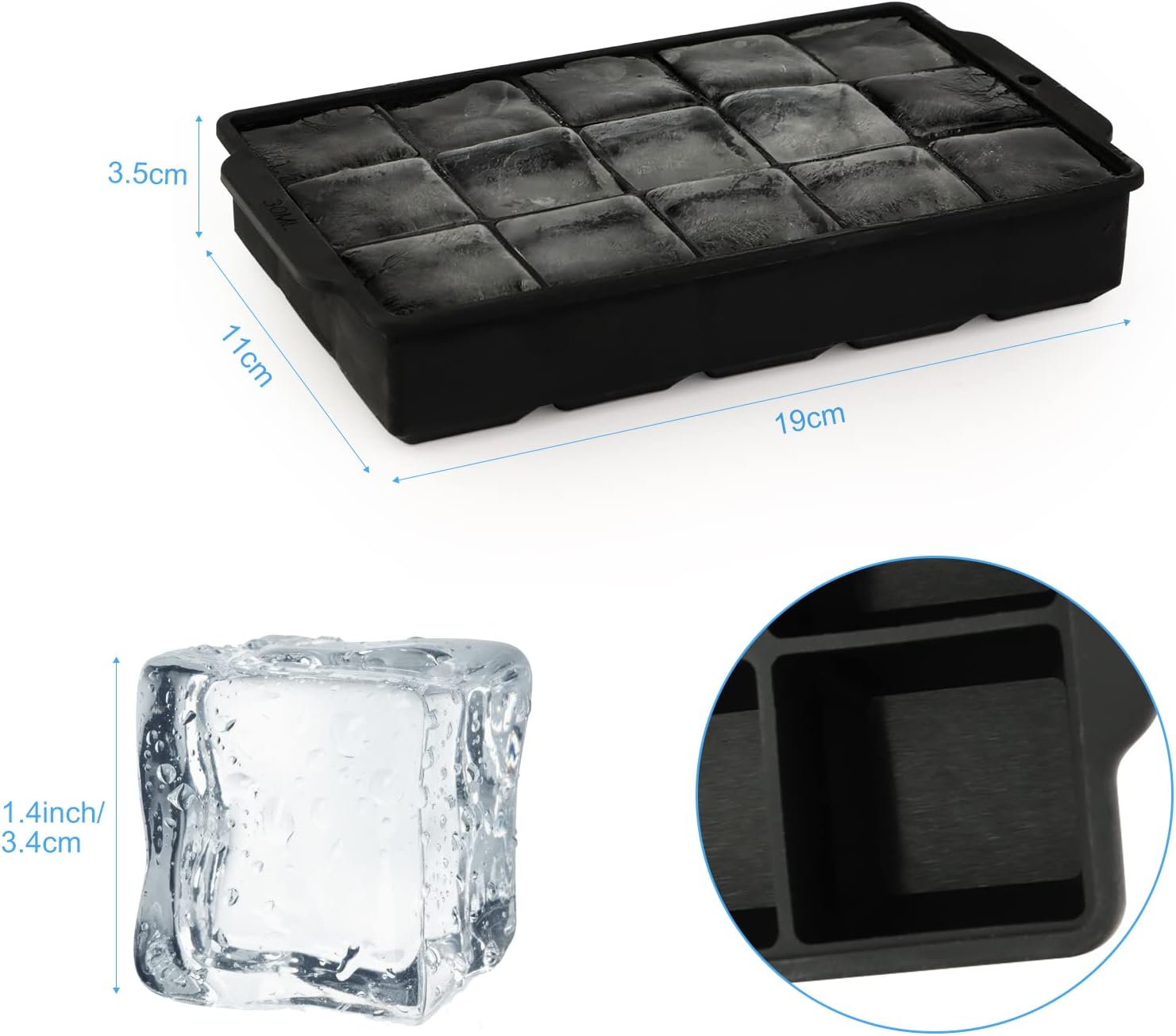 JOPHEK Eiswürfelform, 2 Stück 30 Fach Silikon Eiswürfelschale, Große Quadratische Eiswürfel 3.5cm für Cocktails Whisky Wein Obst Fruchtpürees Eiscreme Eistee