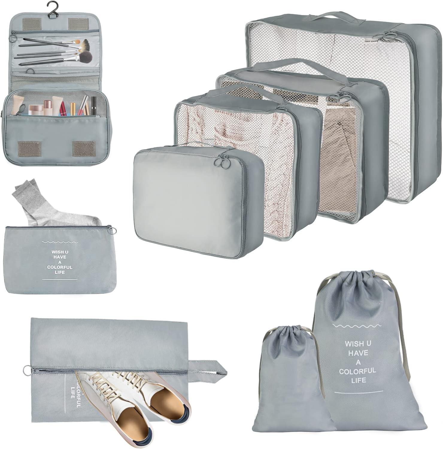 JOPHEK Reise Koffer Organizer Set 9-Teilige Packing Cubes, Multifunktionale Wasserdichte Packwürfel Kompression, Kofferorganizer, Kleidertaschen, Schuhbeutel, Kosmetiktasche für Reisen, Beige