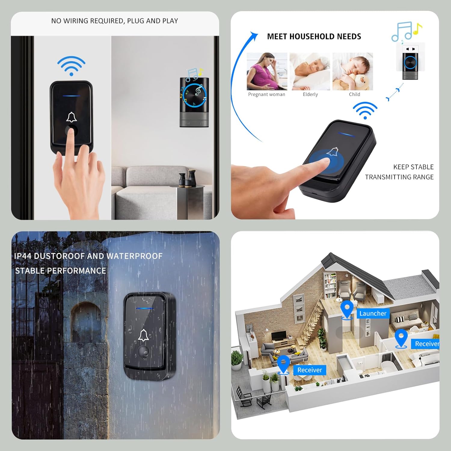 KEWUZY Funktürklingel,Wasserdicht Staub Aussen Klingel Haustür mit 52 Klingeltönen 4 Lautstärken Blinkende LED,Türklingel Set Drahtlose Reichweite 400m (Schwarz)