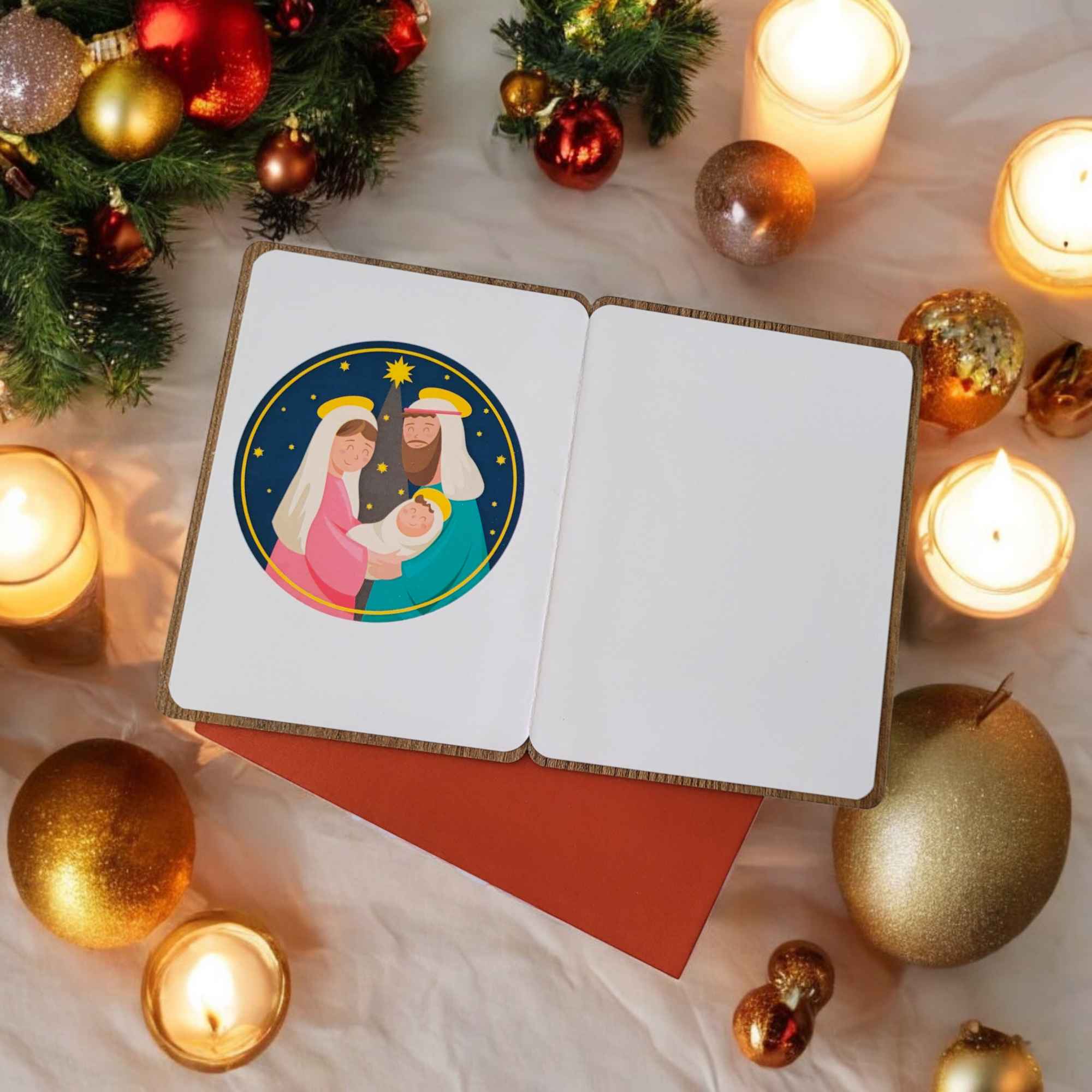 Tarjeta de madera “Belén dorado”