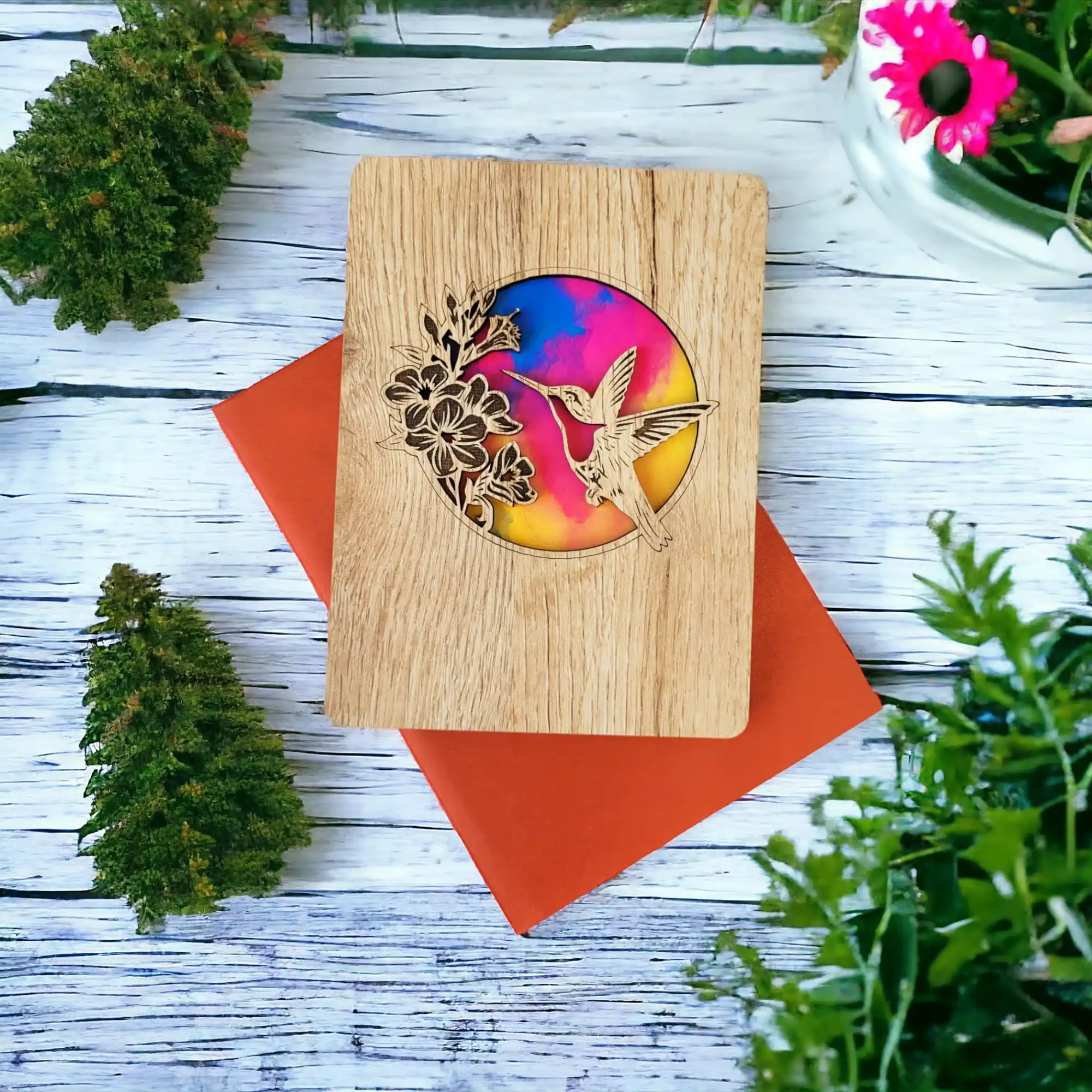 Tarjeta de madera “Colibrí tropical”