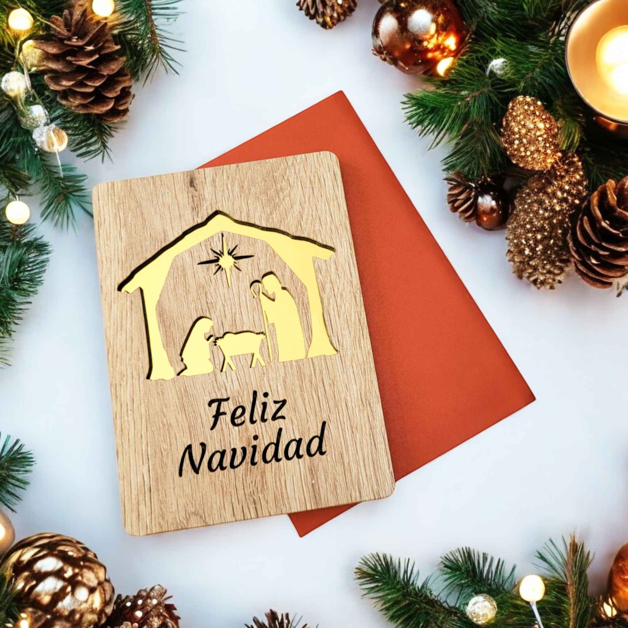 Tarjeta de madera “Belén dorado”