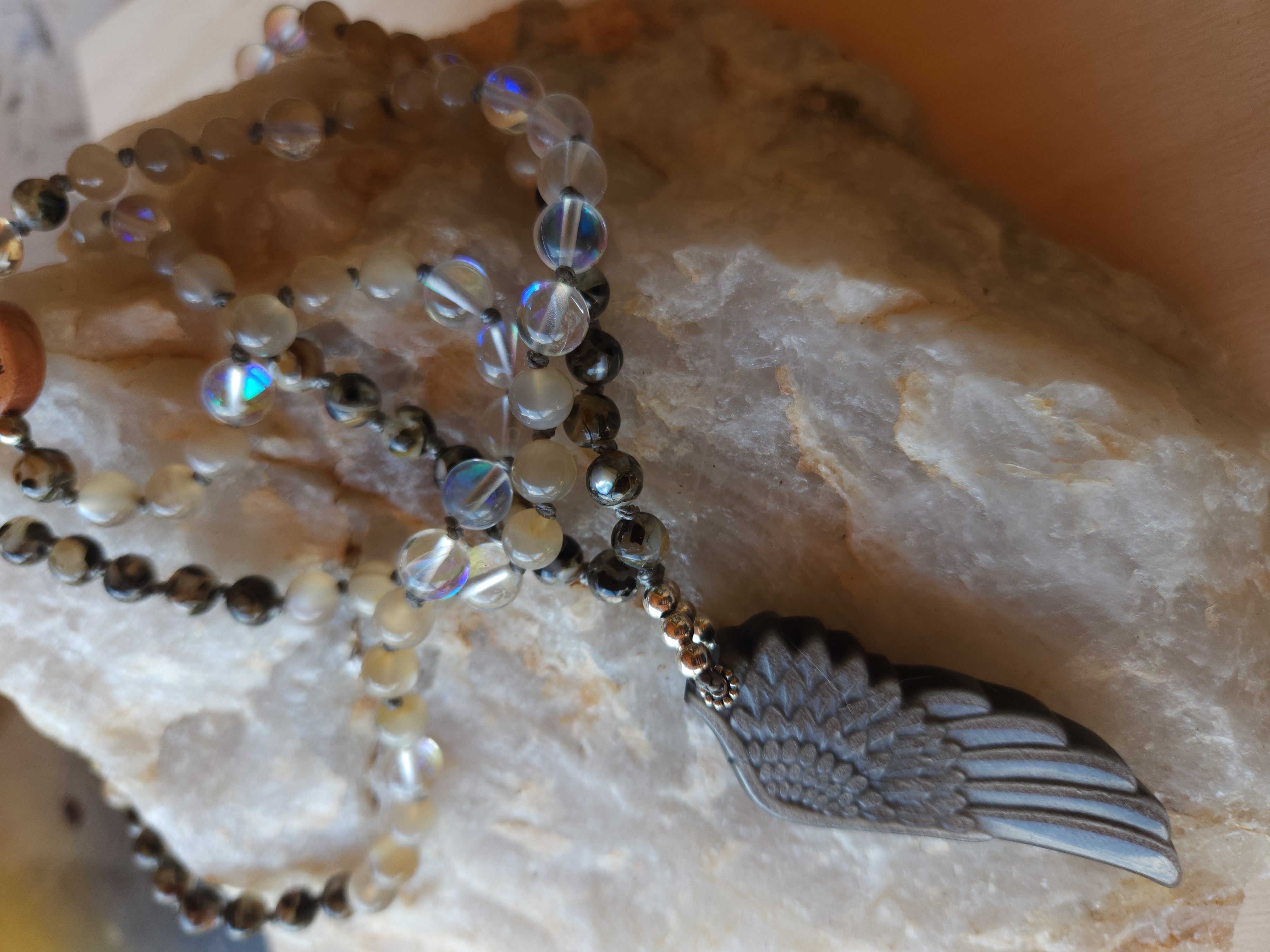 Guardian Light Magical Mala – 108 Beads with Angel Wing Pendant for Protection & Peace
