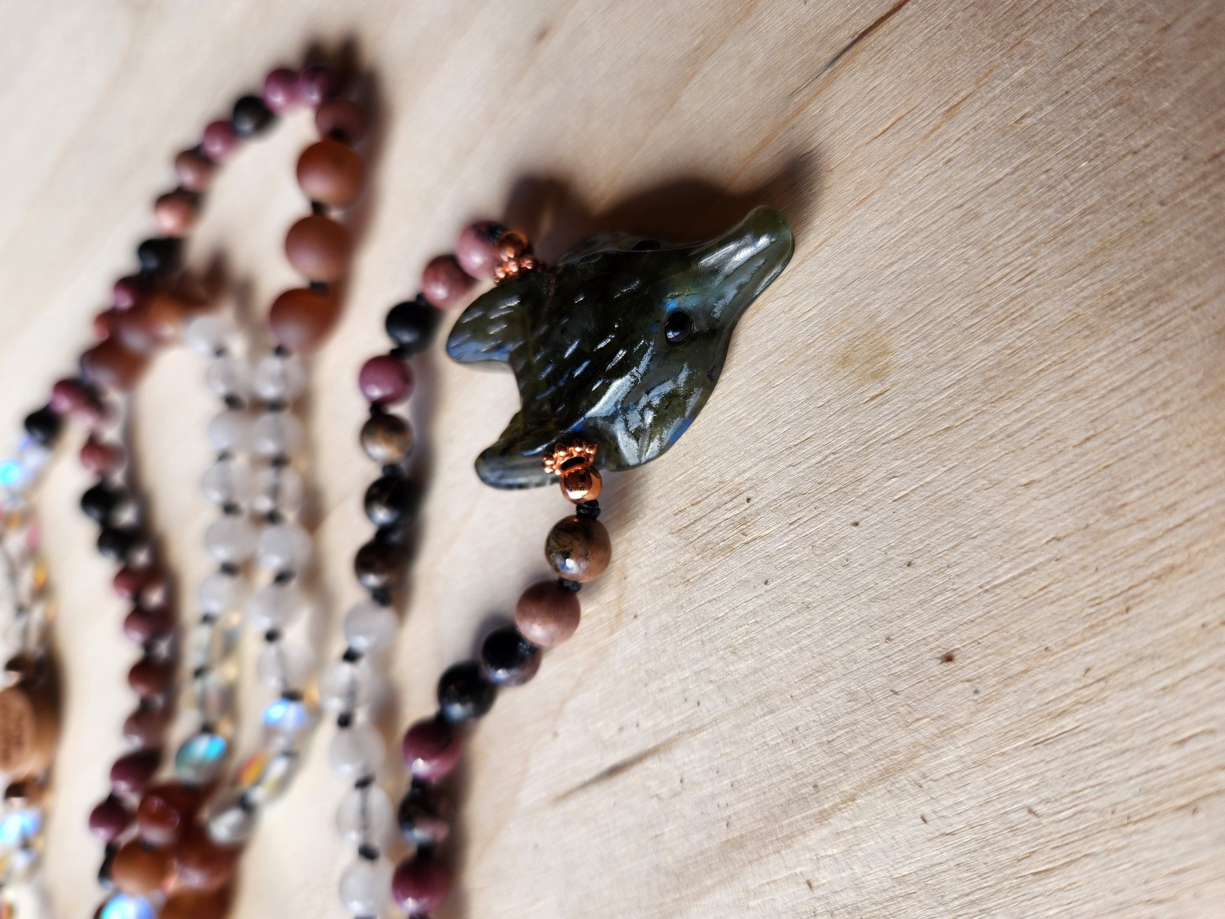Unconditional Love Fox Magical Mala – 108 Bead Healing Necklace with Rhodonite, Rose Quartz & Labradorite Pendant