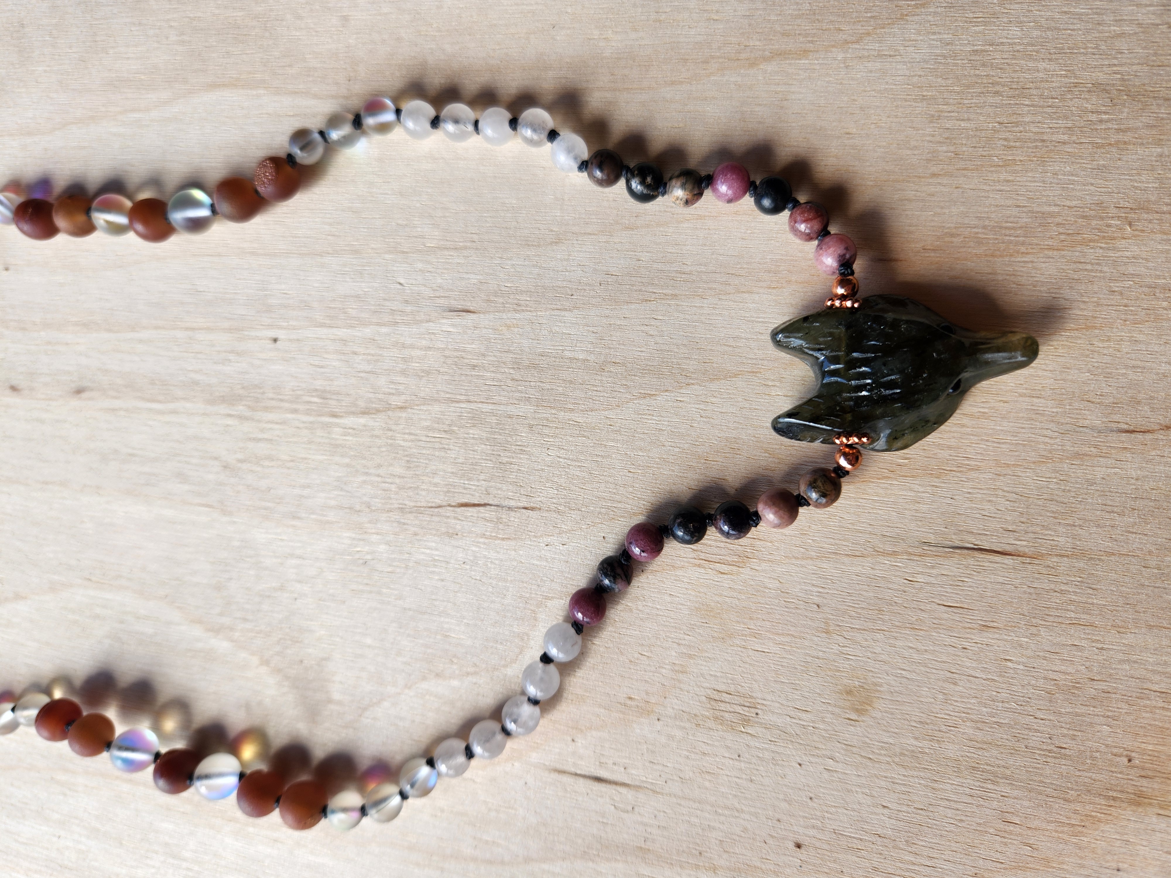 Unconditional Love Fox Magical Mala – 108 Bead Healing Necklace with Rhodonite, Rose Quartz & Labradorite Pendant