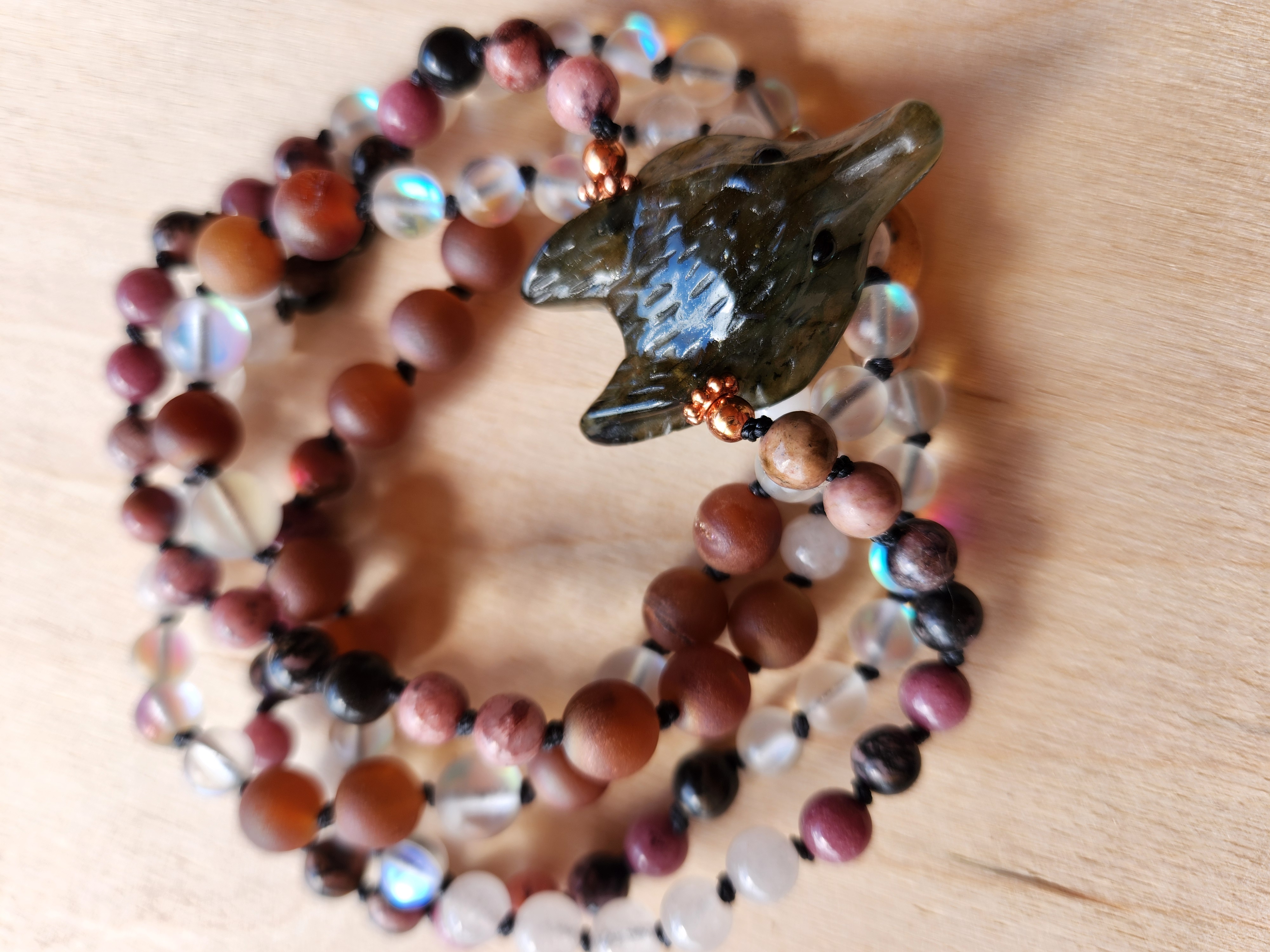 Unconditional Love Fox Magical Mala – 108 Bead Healing Necklace with Rhodonite, Rose Quartz & Labradorite Pendant