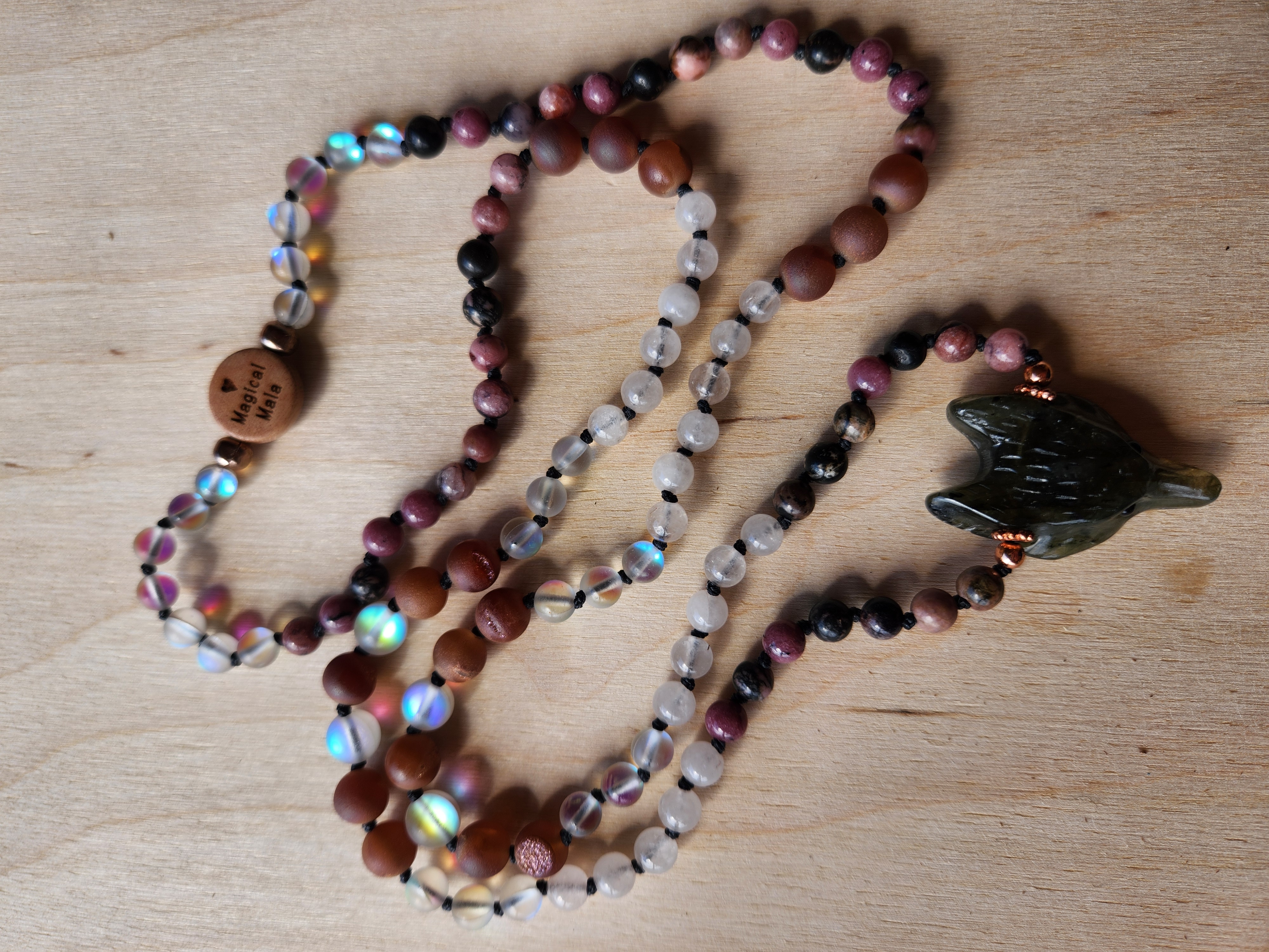 Unconditional Love Fox Magical Mala – 108 Bead Healing Necklace with Rhodonite, Rose Quartz & Labradorite Pendant