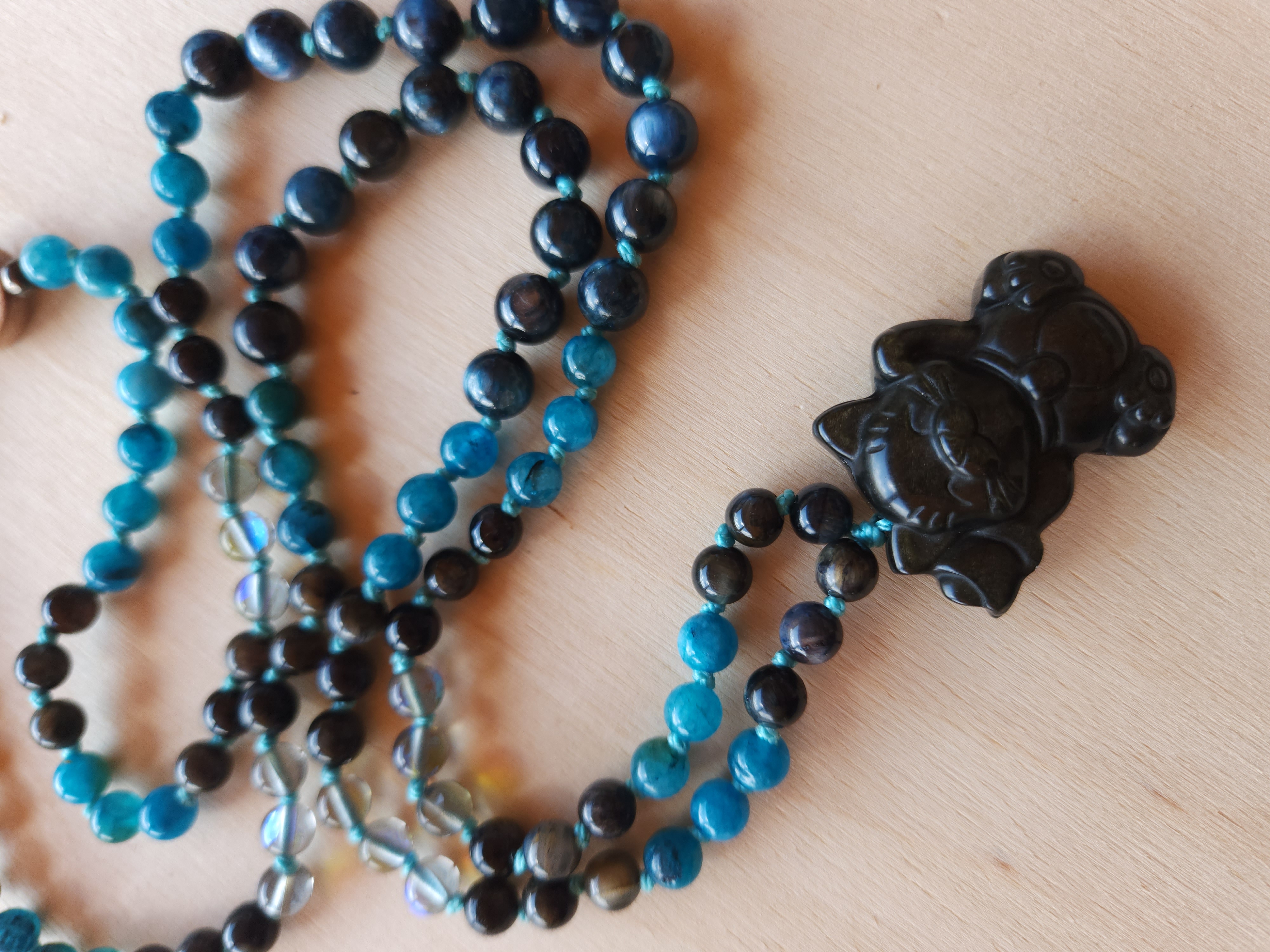 Happy Cat Magical Mala – 108 Beads with Gray Obsidian Cat Pendant for Joy, Protection & Clarity