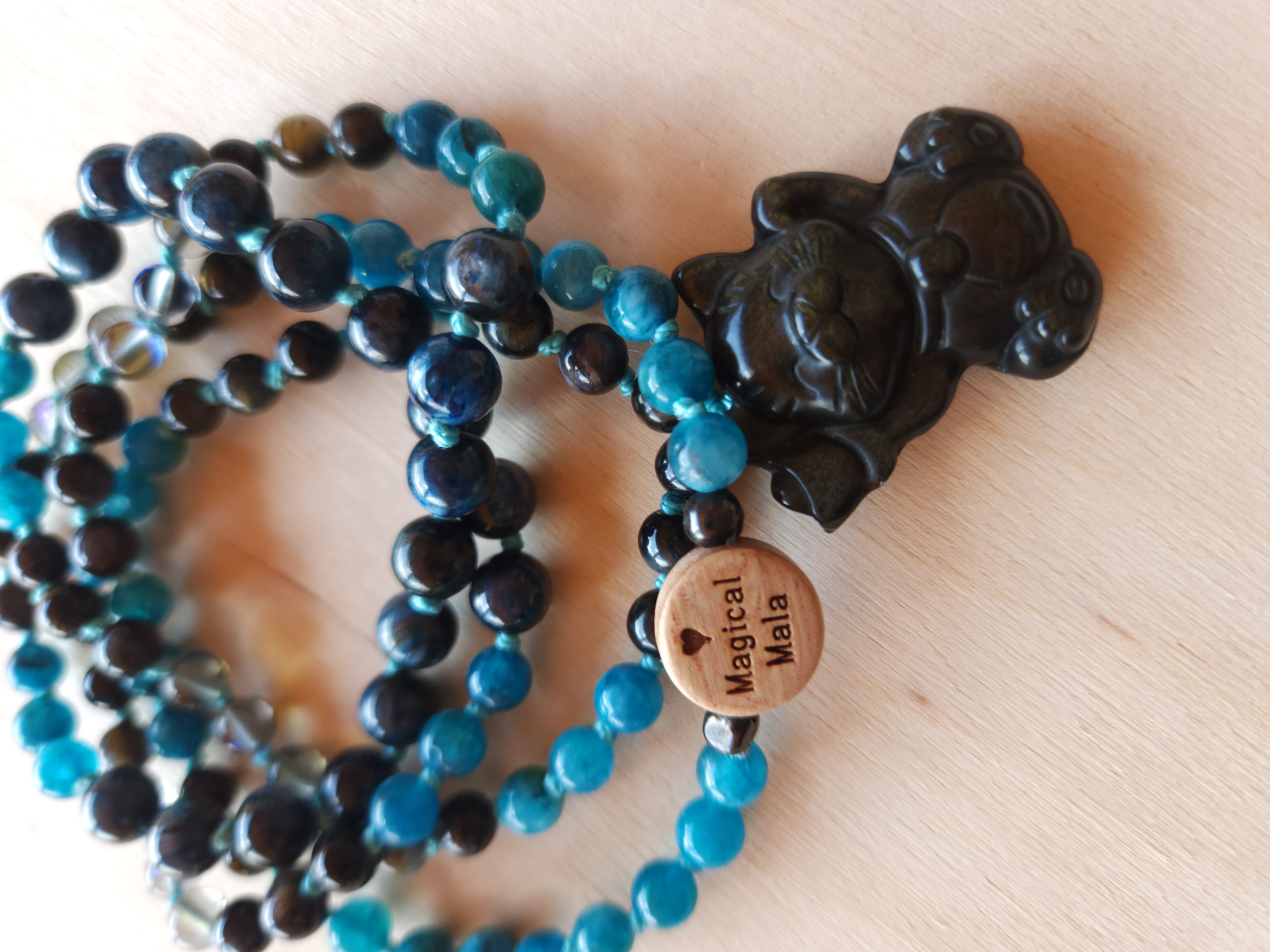 Happy Cat Magical Mala – 108 Beads with Gray Obsidian Cat Pendant for Joy, Protection & Clarity