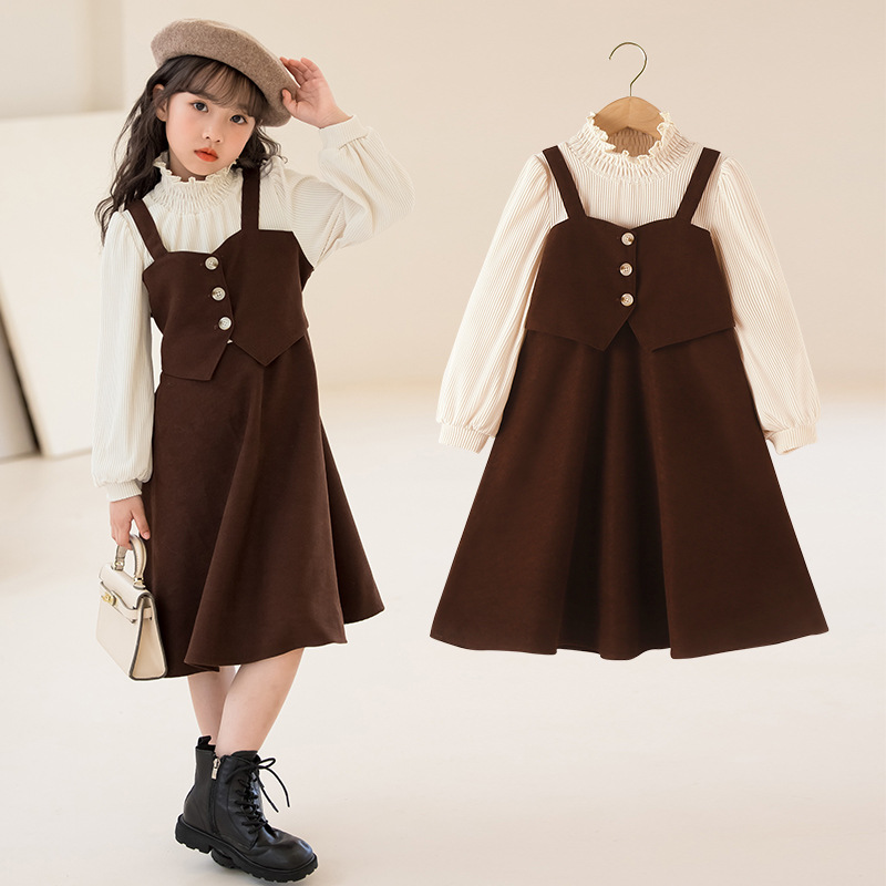 Girls' Elegant Brown Dress Set