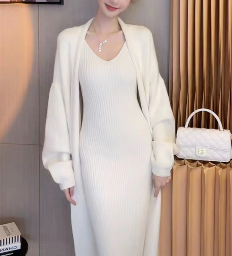 Elegant White Knit Dress and Cardigan Set