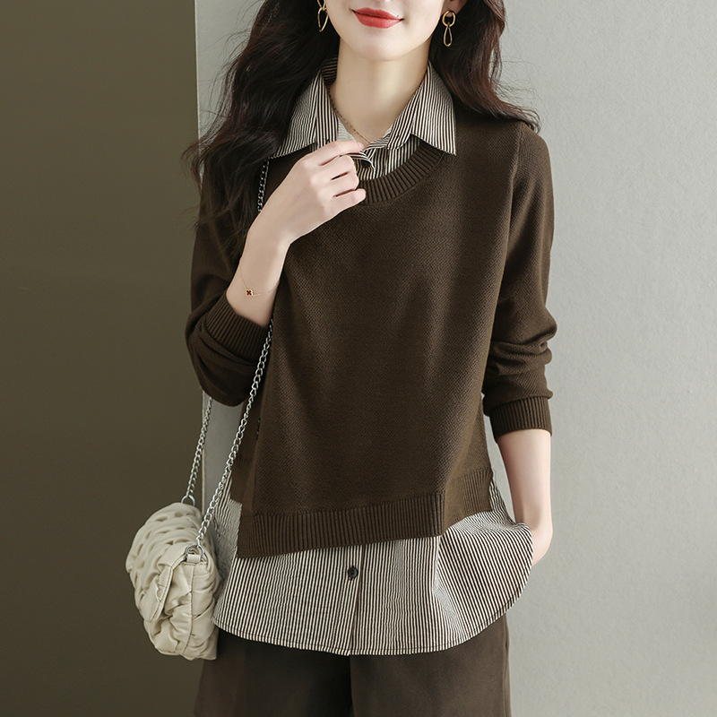 Women's Brown Knit Sweater With a Shirt (two pcs)