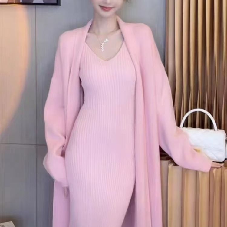 Elegant White Knit Dress and Cardigan Set