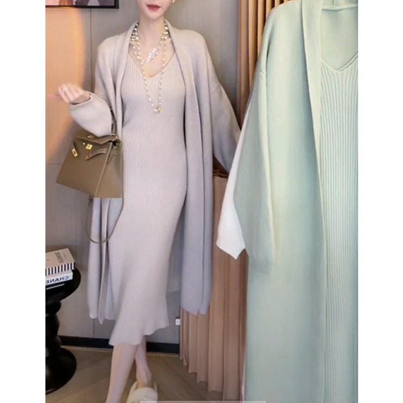 Elegant White Knit Dress and Cardigan Set