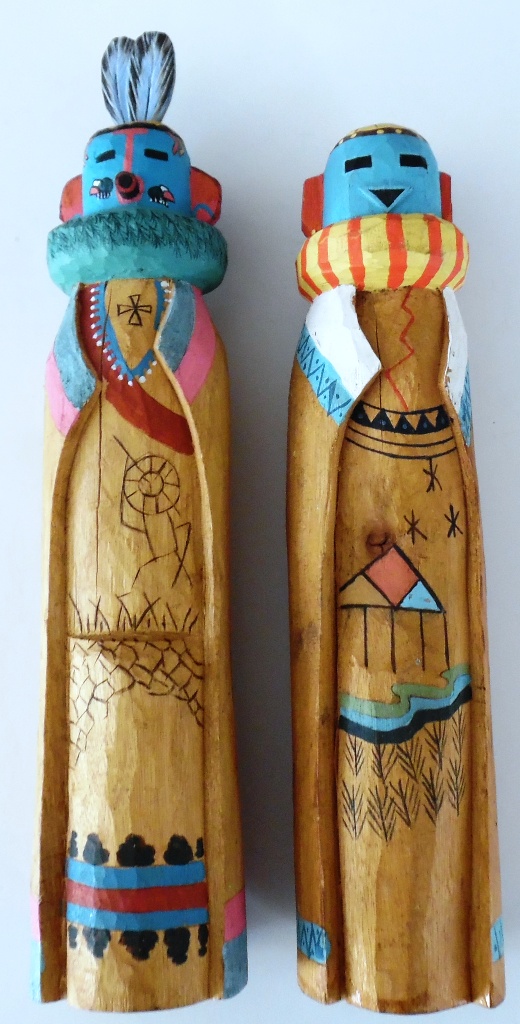 Two Native Wooden Statues Hand Carved + Painted Pre-Owned