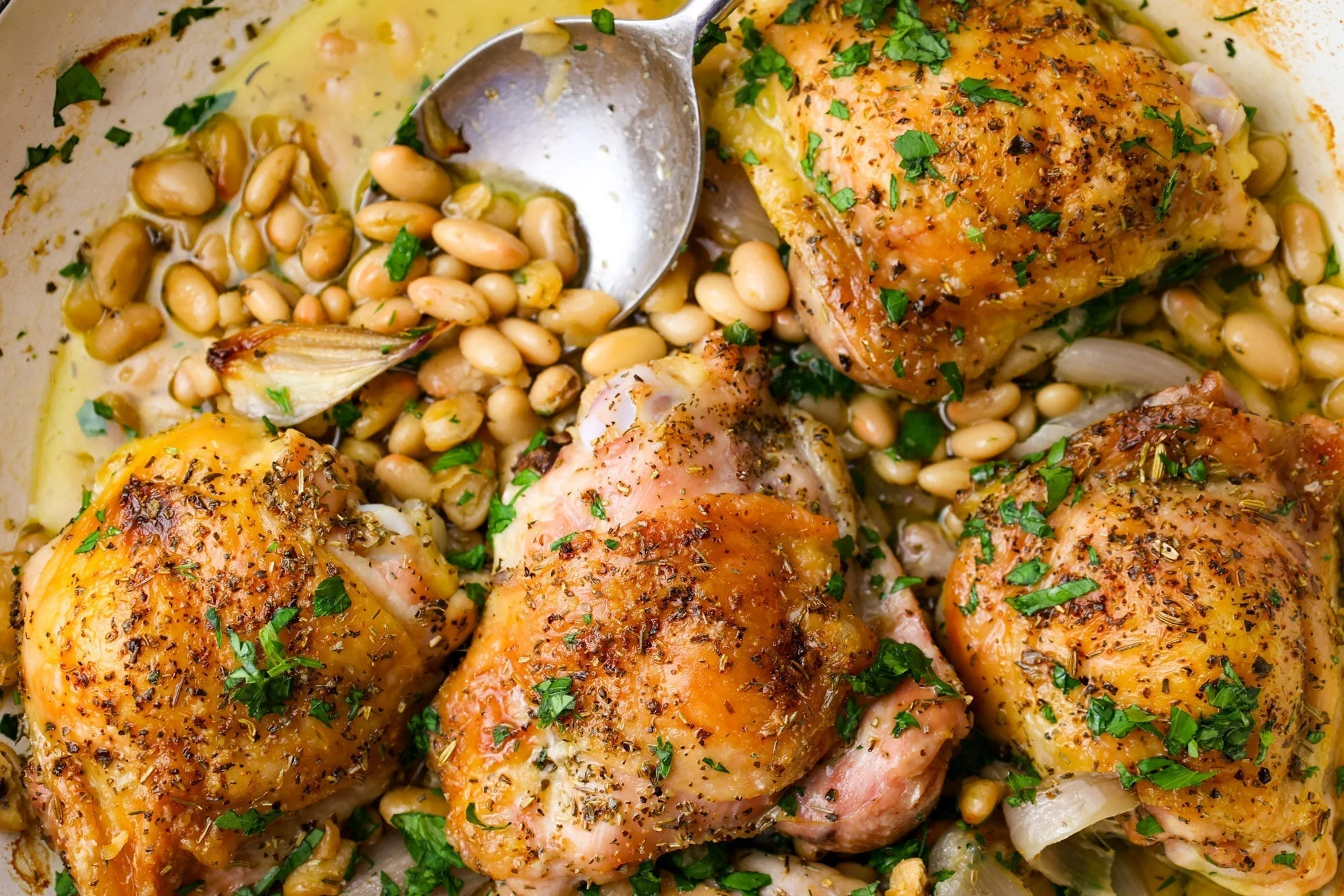 Chicken Thighs with White Beans, Capers, Lemon & White Wine