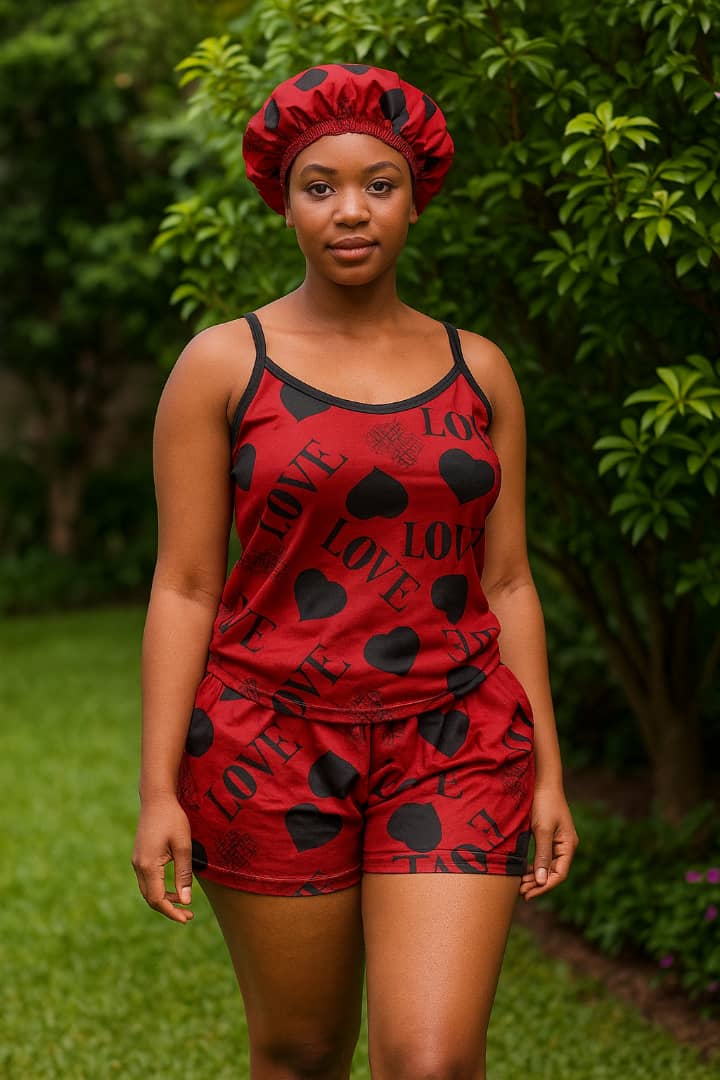 Pyjama court rouge avec motif cœur