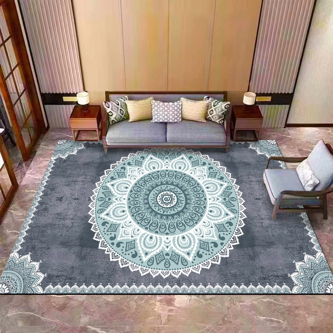 Tapis mandala gris et turquoise
