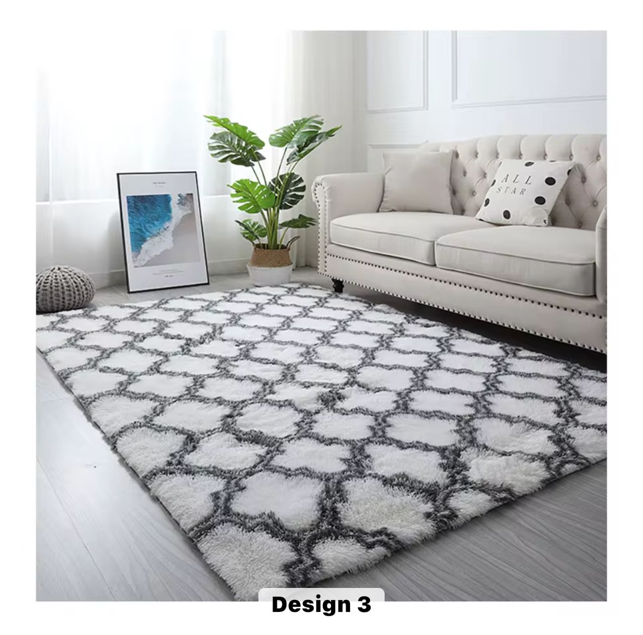 Tapis peluche moderne design blanc et noir