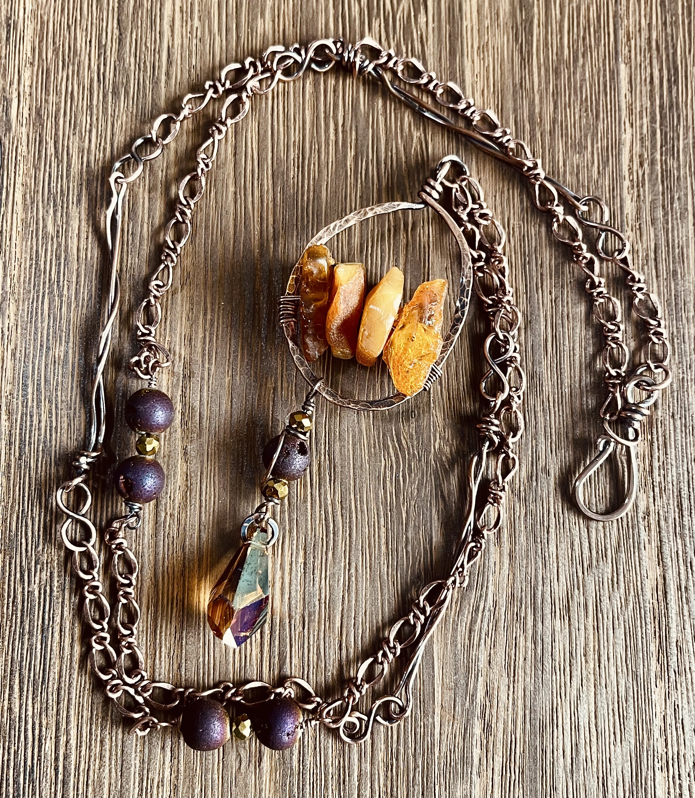 Handcrafted Amber and Copper Pendant Necklace