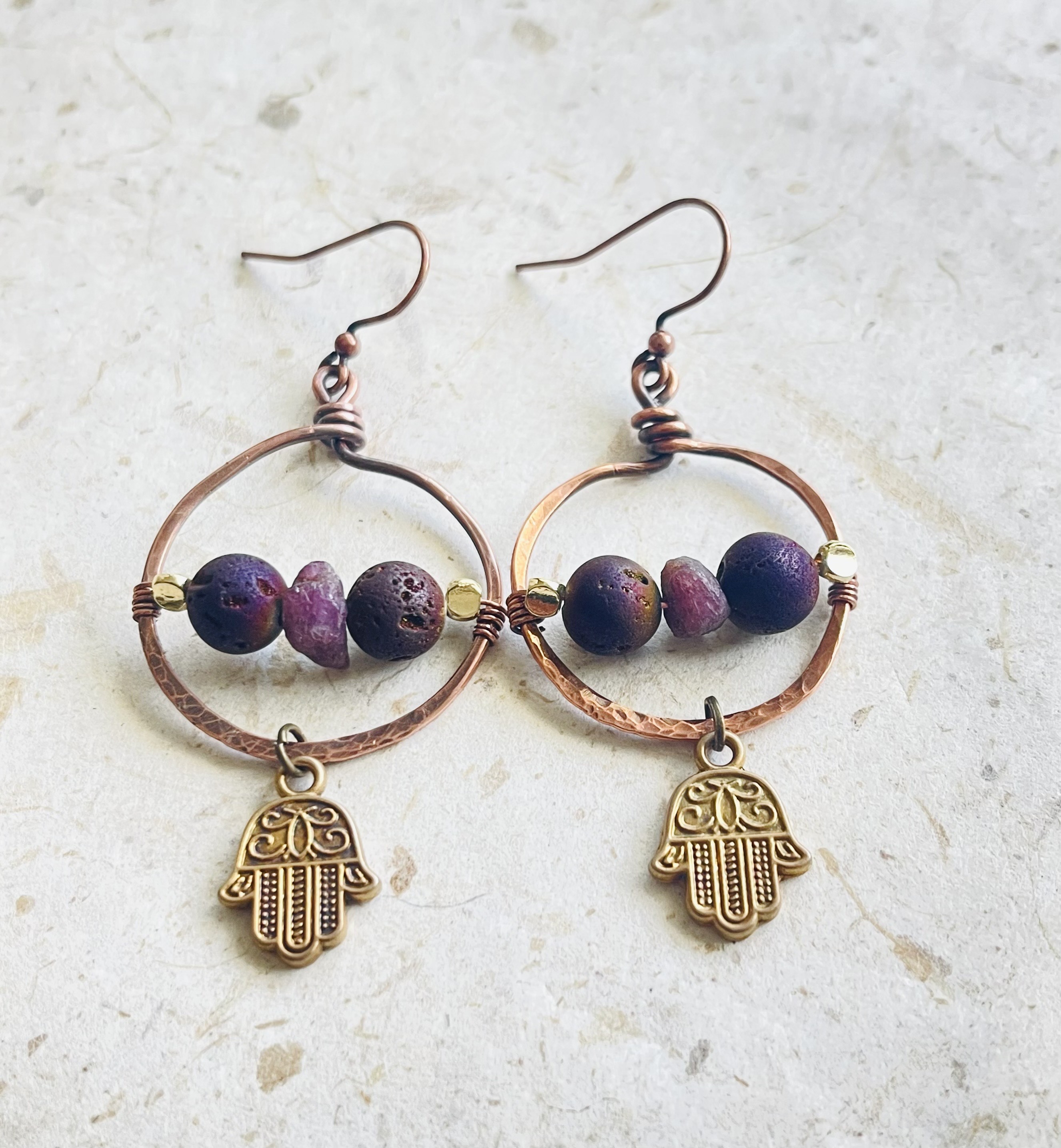 Red wine Druzy beads, Hamsa Charm earrings