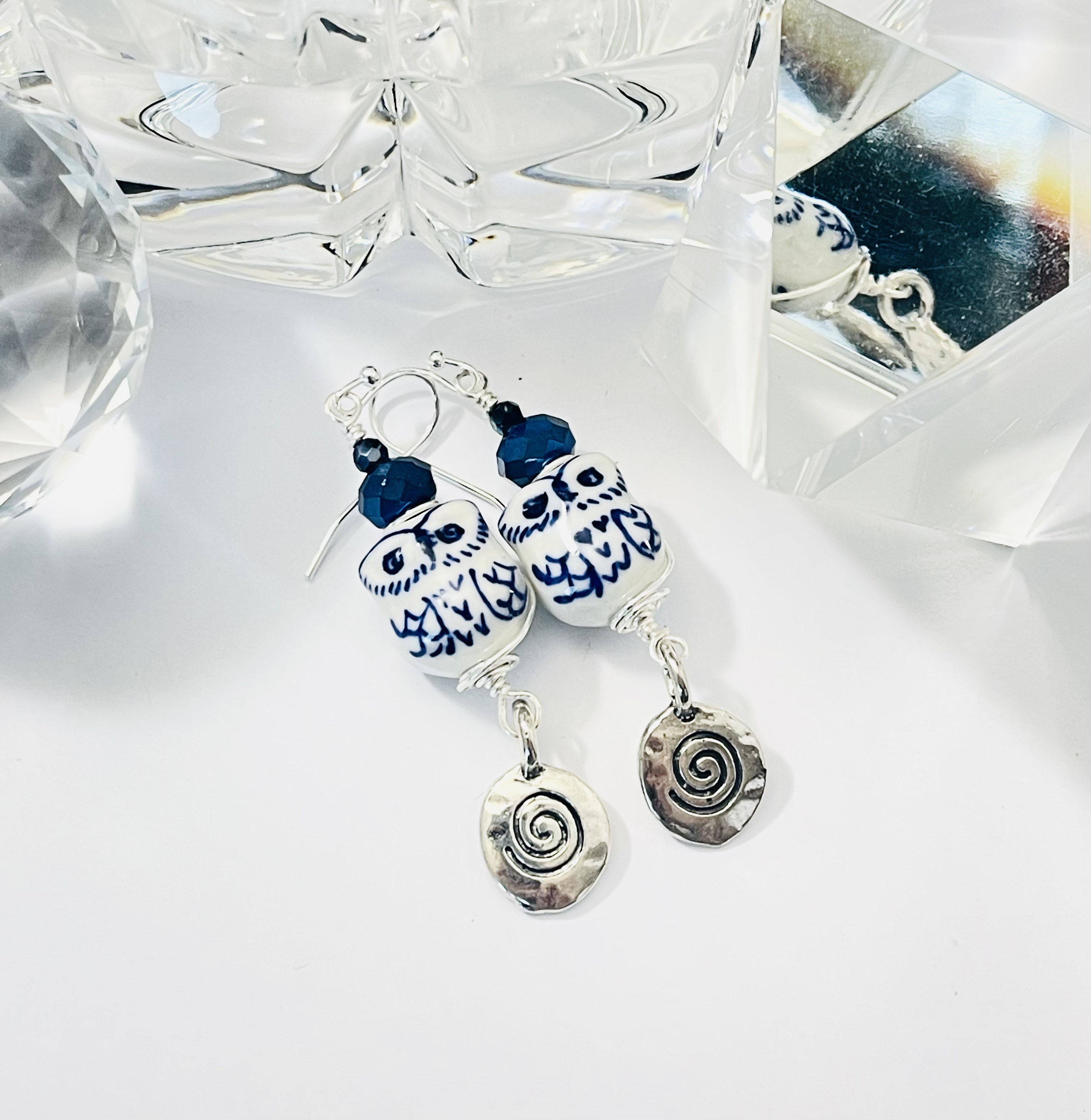 Blue & White Owl Earrings