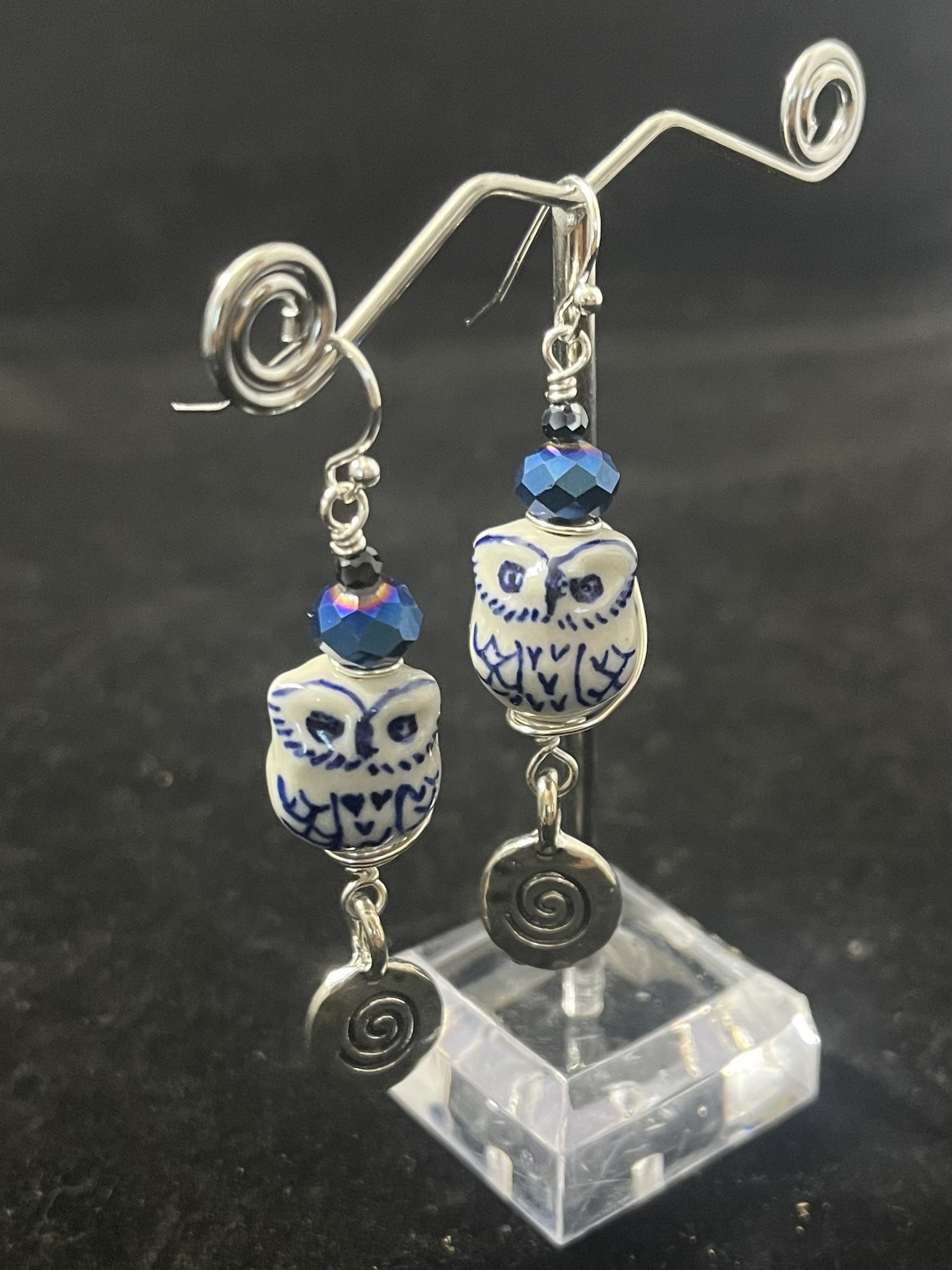 Blue & White Owl Earrings