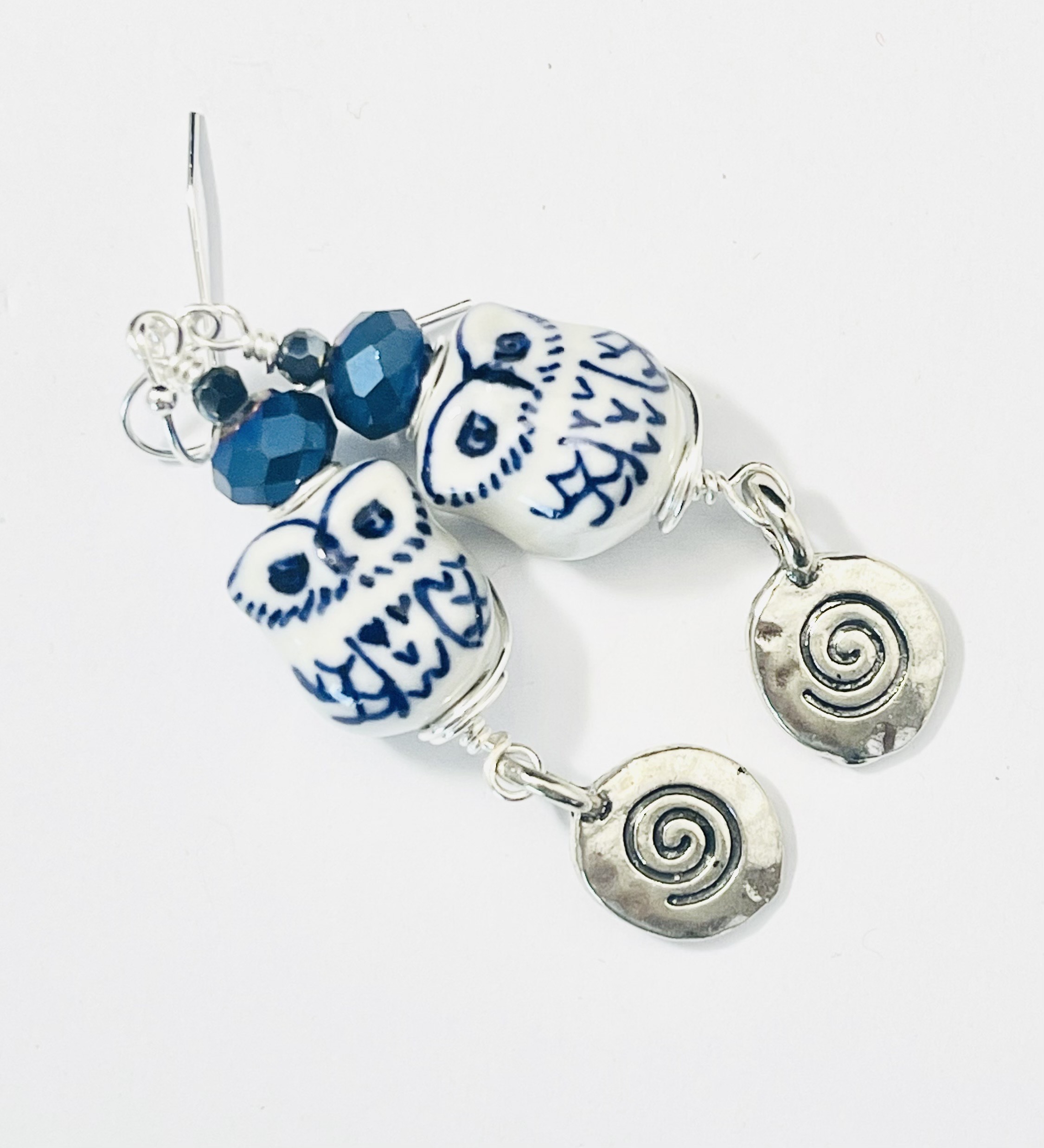 Blue & White Owl Earrings