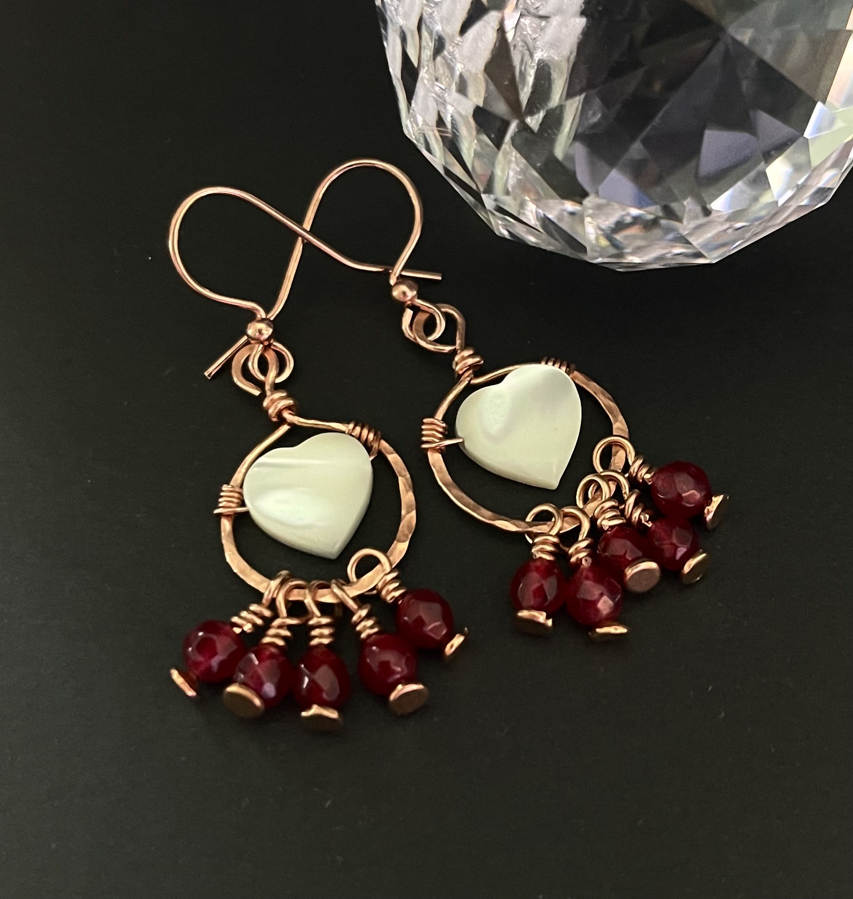 Handcrafted Heart and Garnet Dangle Earrings