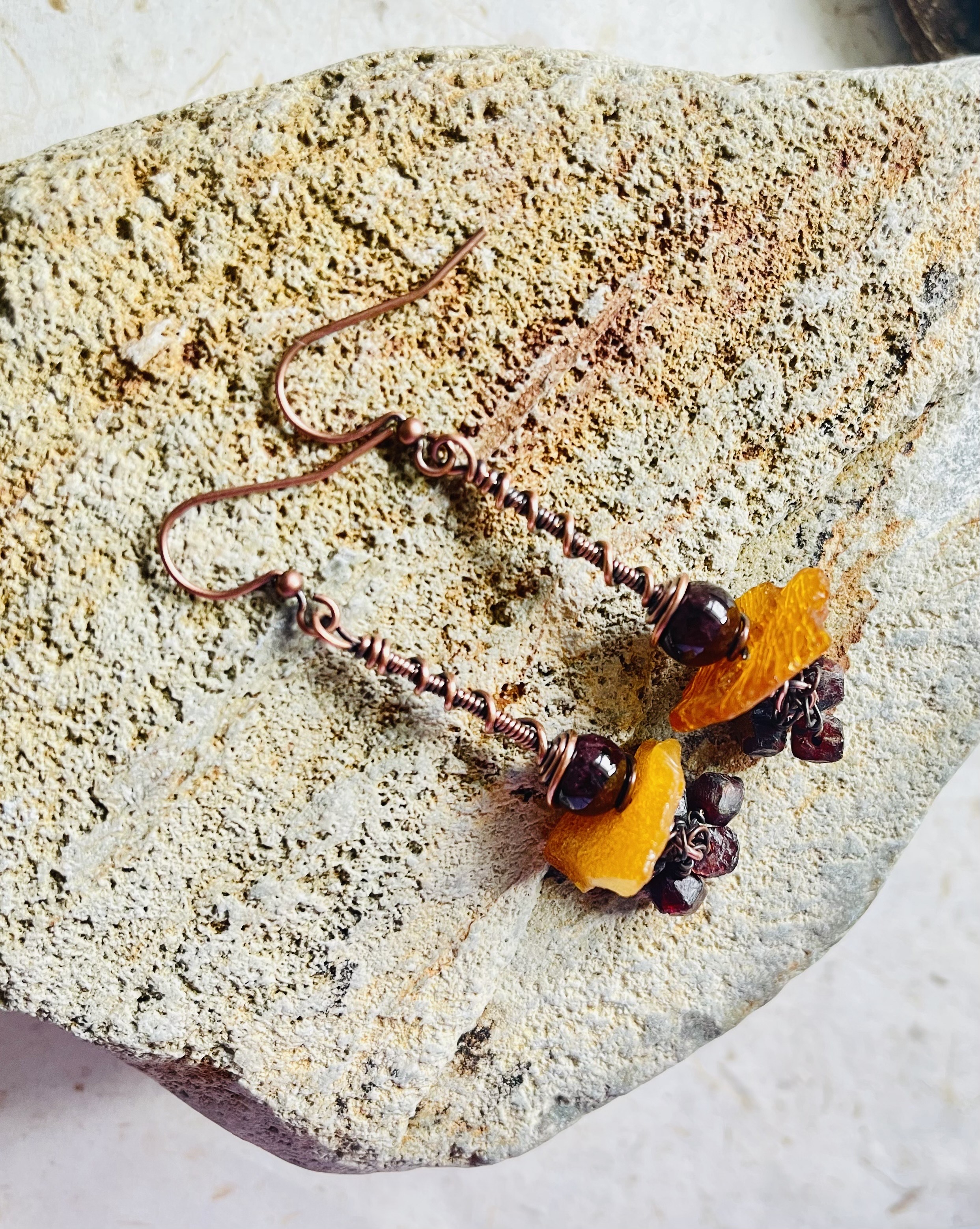 Handmade Amber and Garnet Earrings