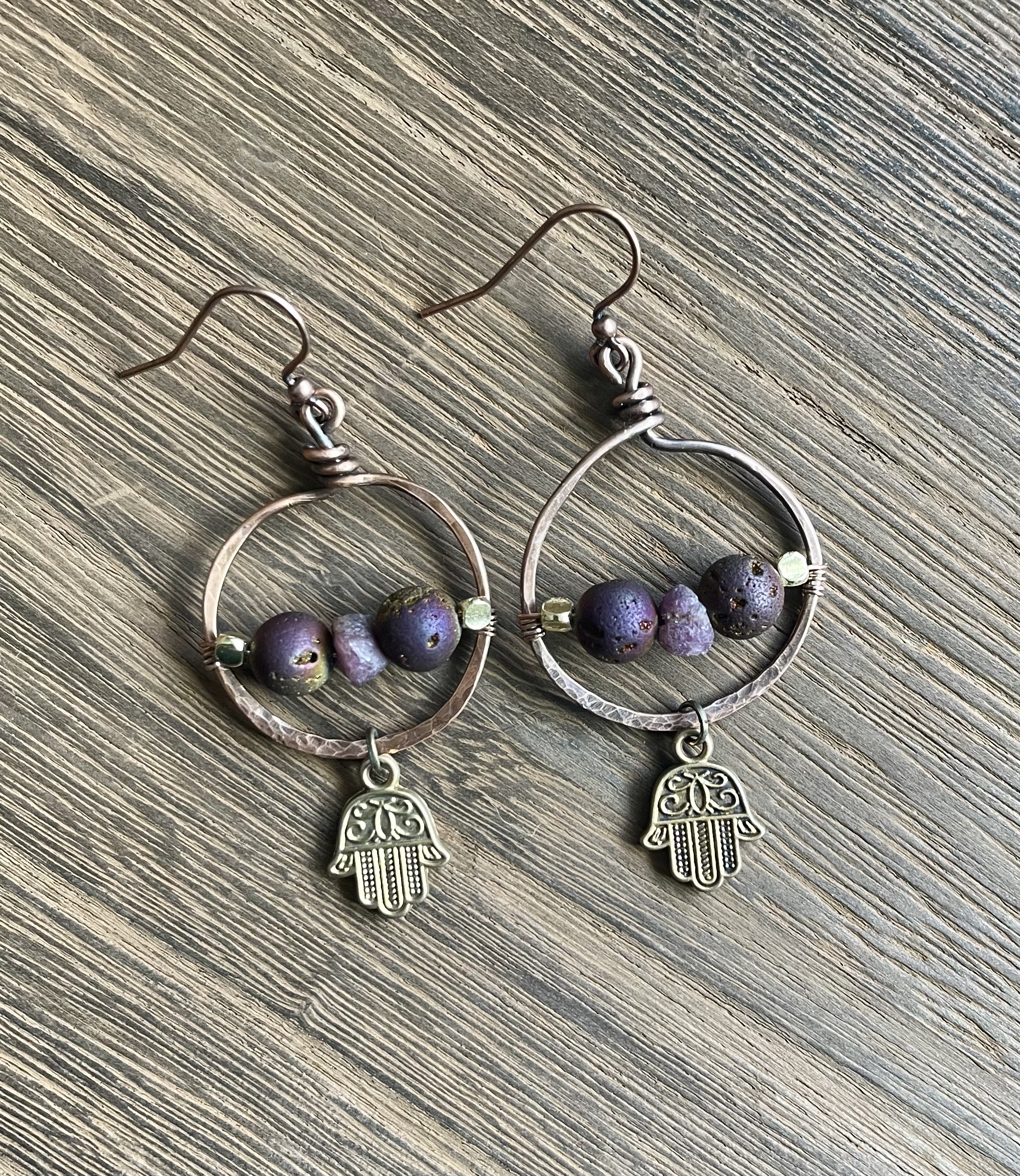 Red wine Druzy beads, Hamsa Charm earrings