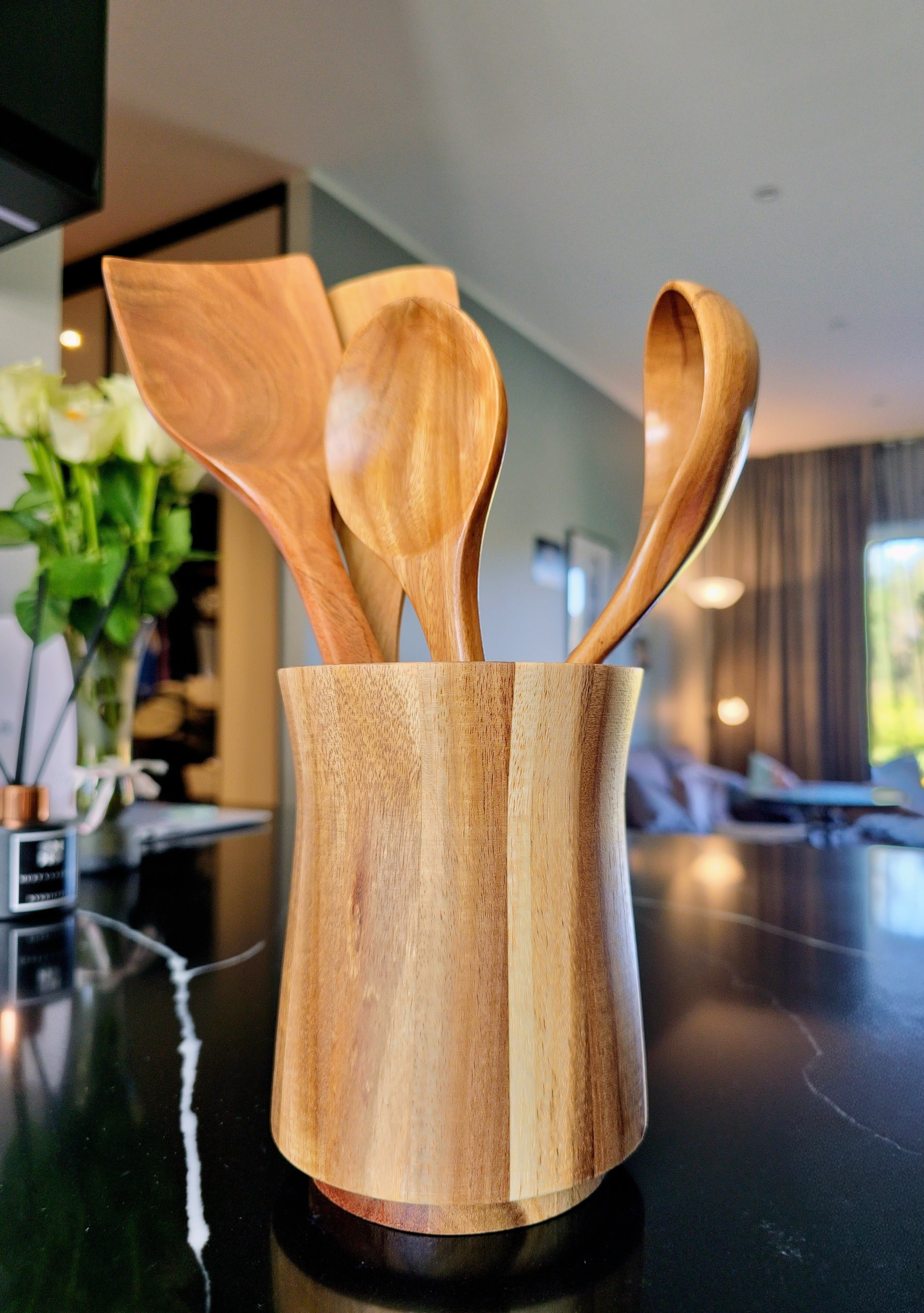 Acacia wood kitchen utensil holder