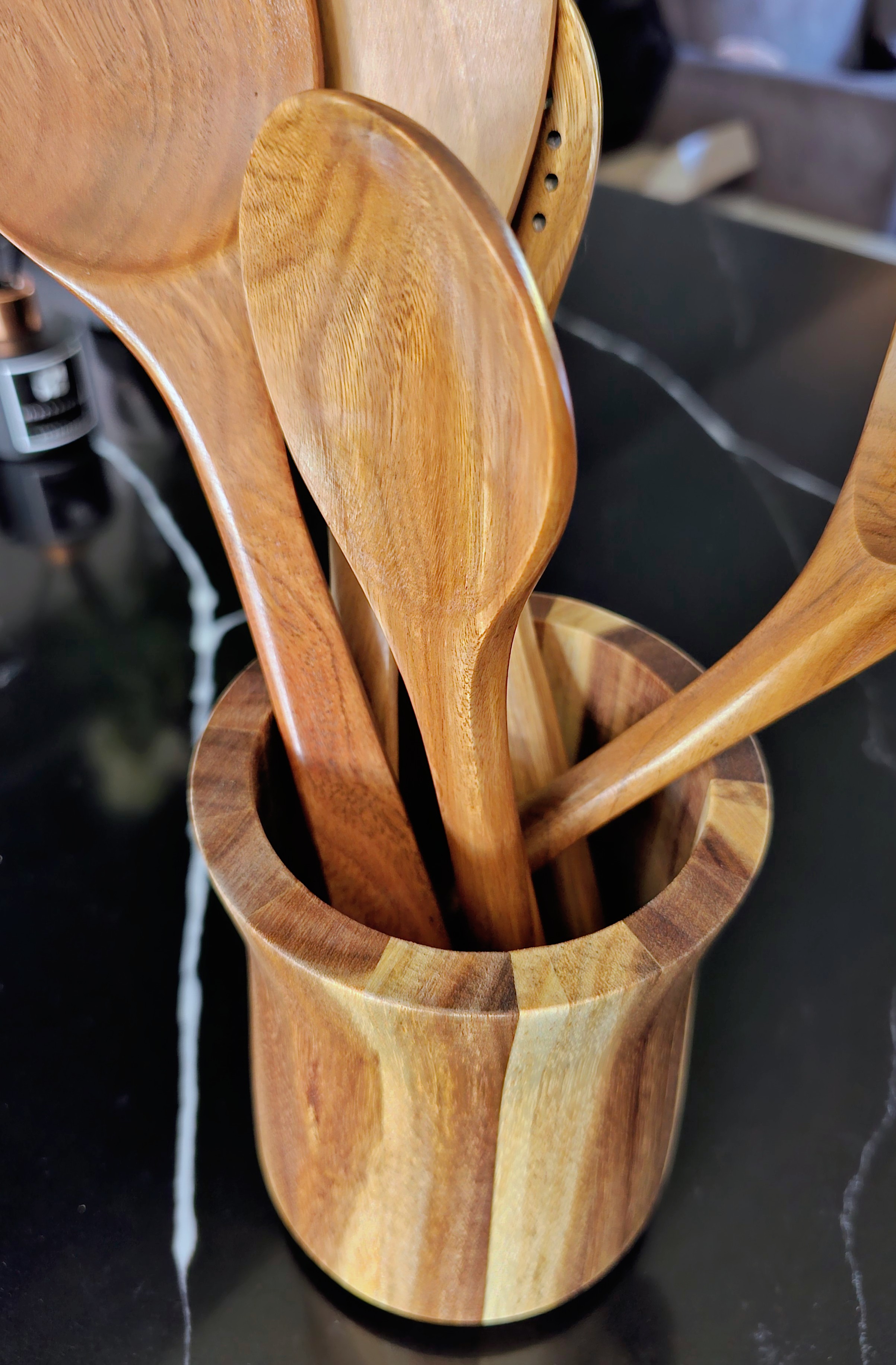 Acacia wood kitchen utensil holder