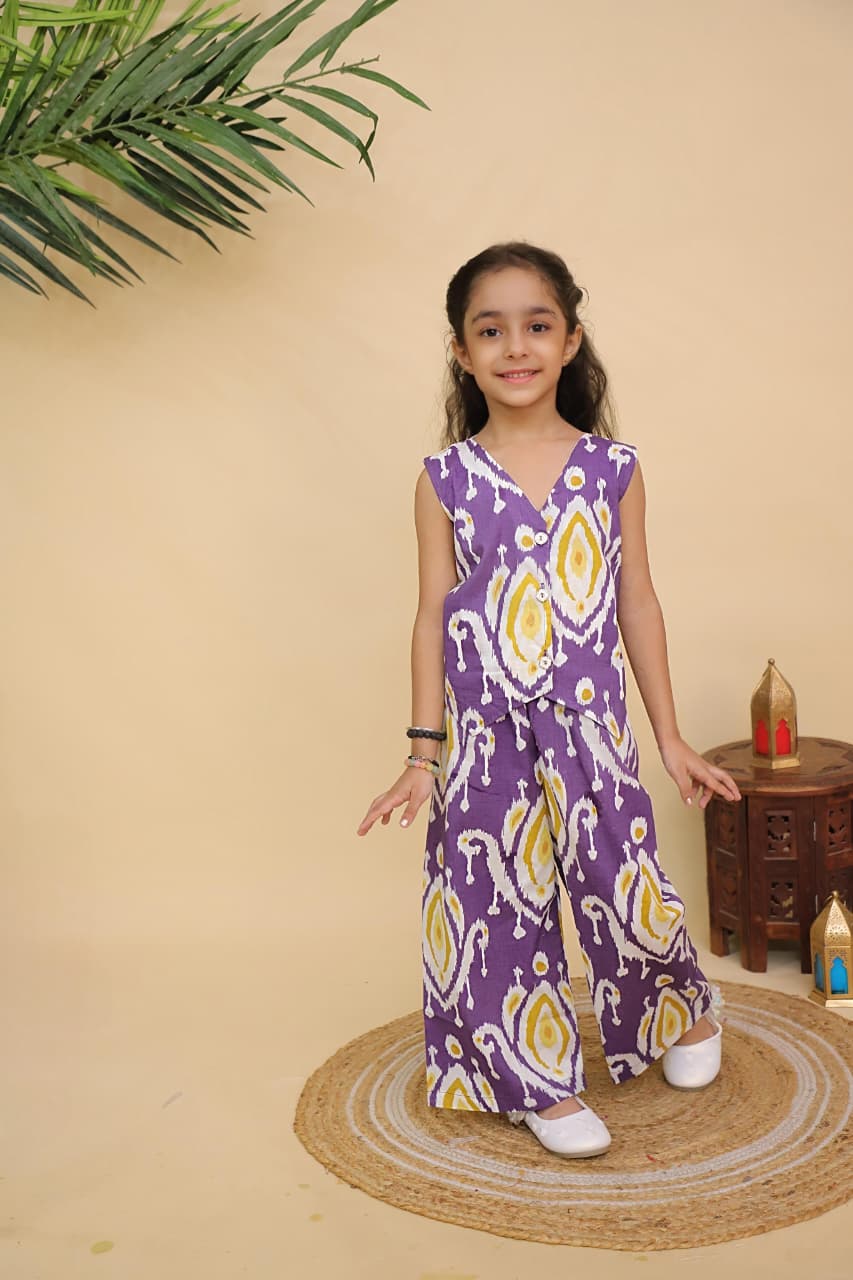 Purple Ikat Print Kids Jumpsuit