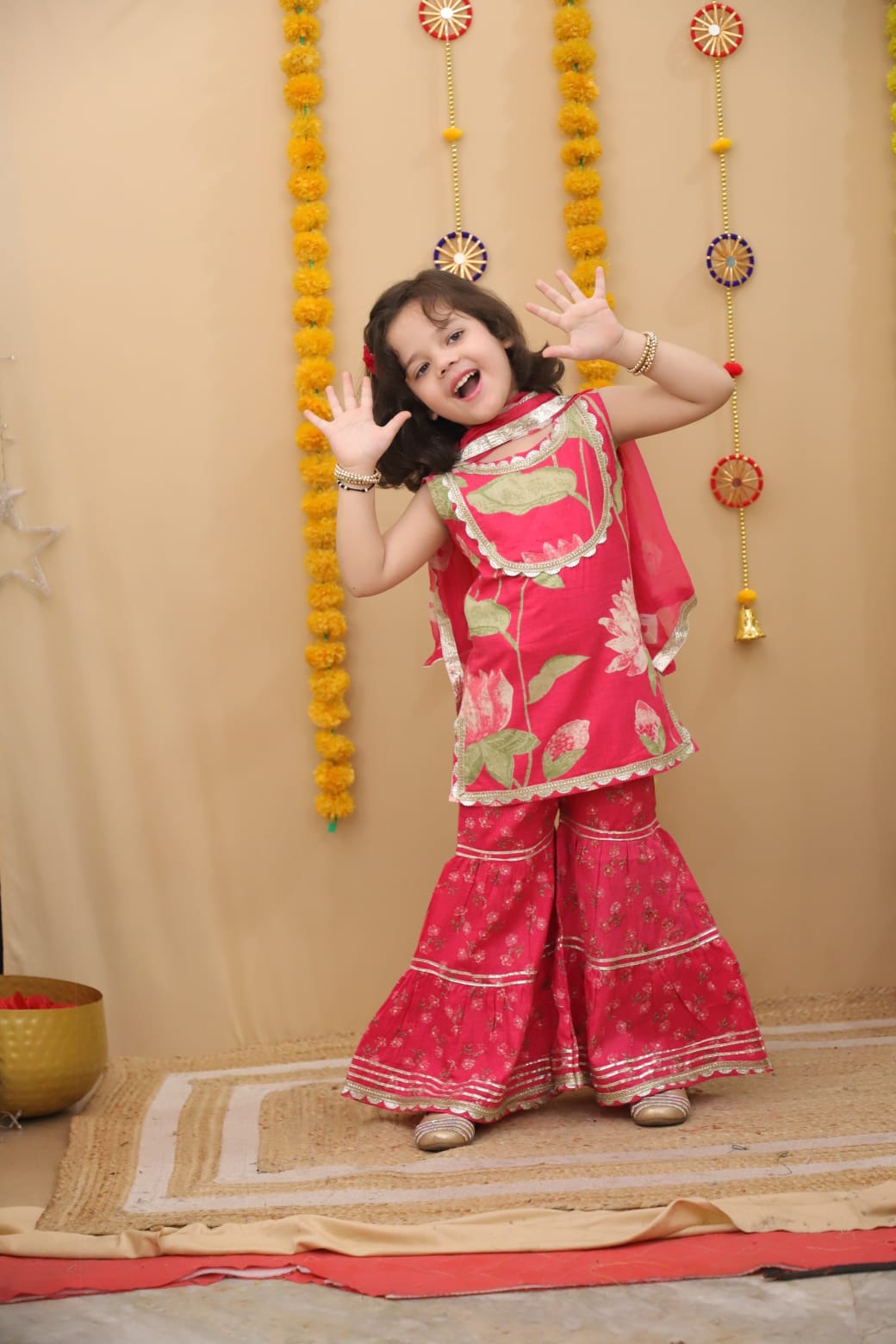 Girls Ethnic Floral Print Sharara Set
