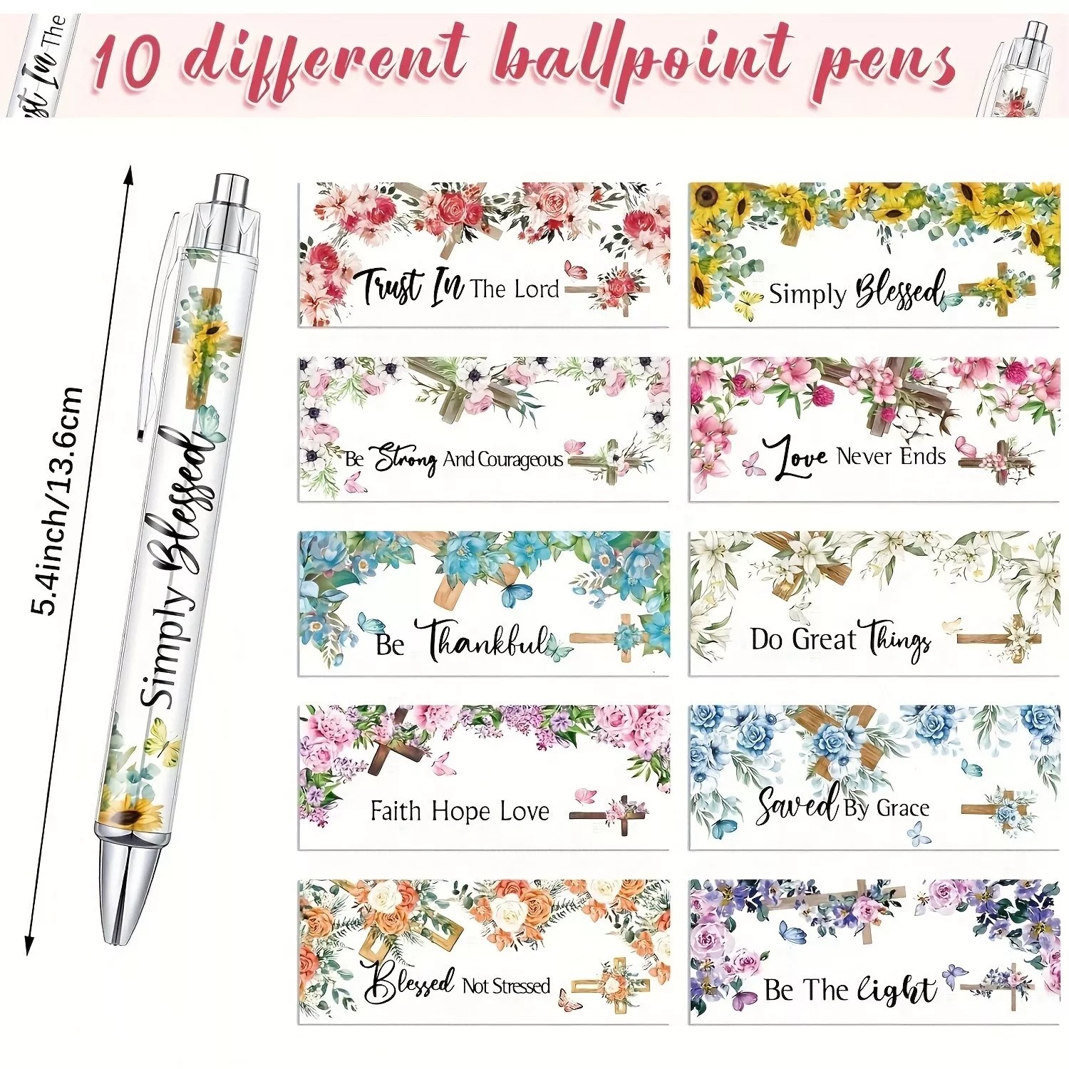 10 Black Ink Cross Bible Verse Flower Butterfly Retractable Plastic Ballpoint Pens